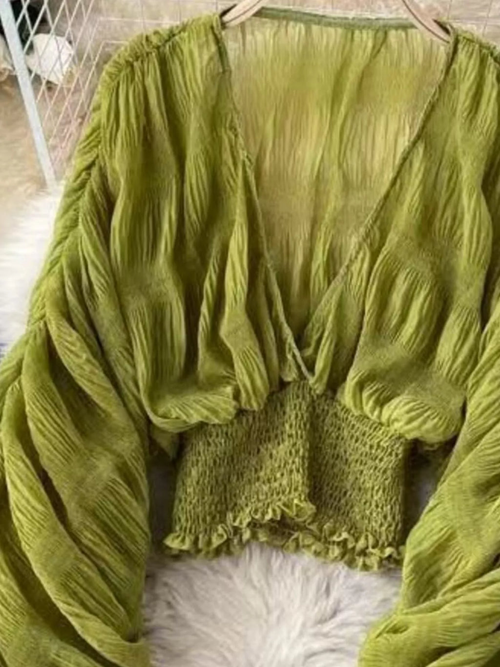 Smocked Ruched Long Sleeve Blouse - Girly Tea