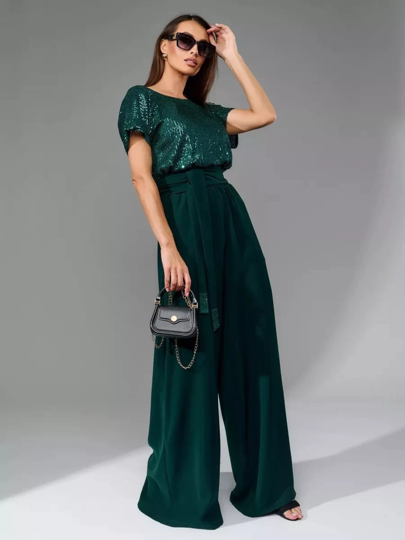 Full Size Sequin Short Sleeve Wide Leg Jumpsuit Plus Size - Girly Tea