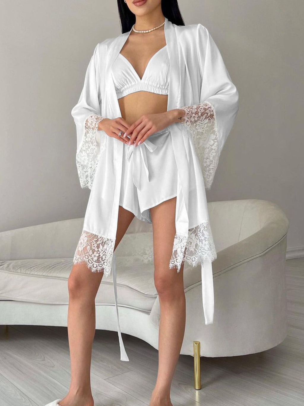 Cami & Lace Trim Cardigan & Shorts Lounge Set - Girly Tea