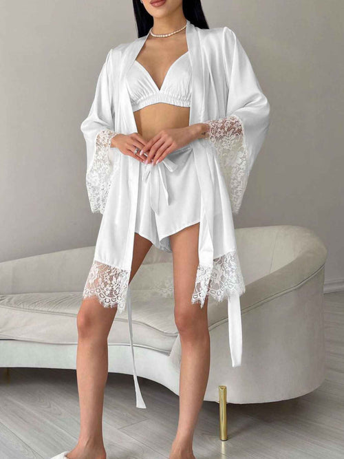 Cami & Lace Trim Cardigan & Shorts Lounge Set