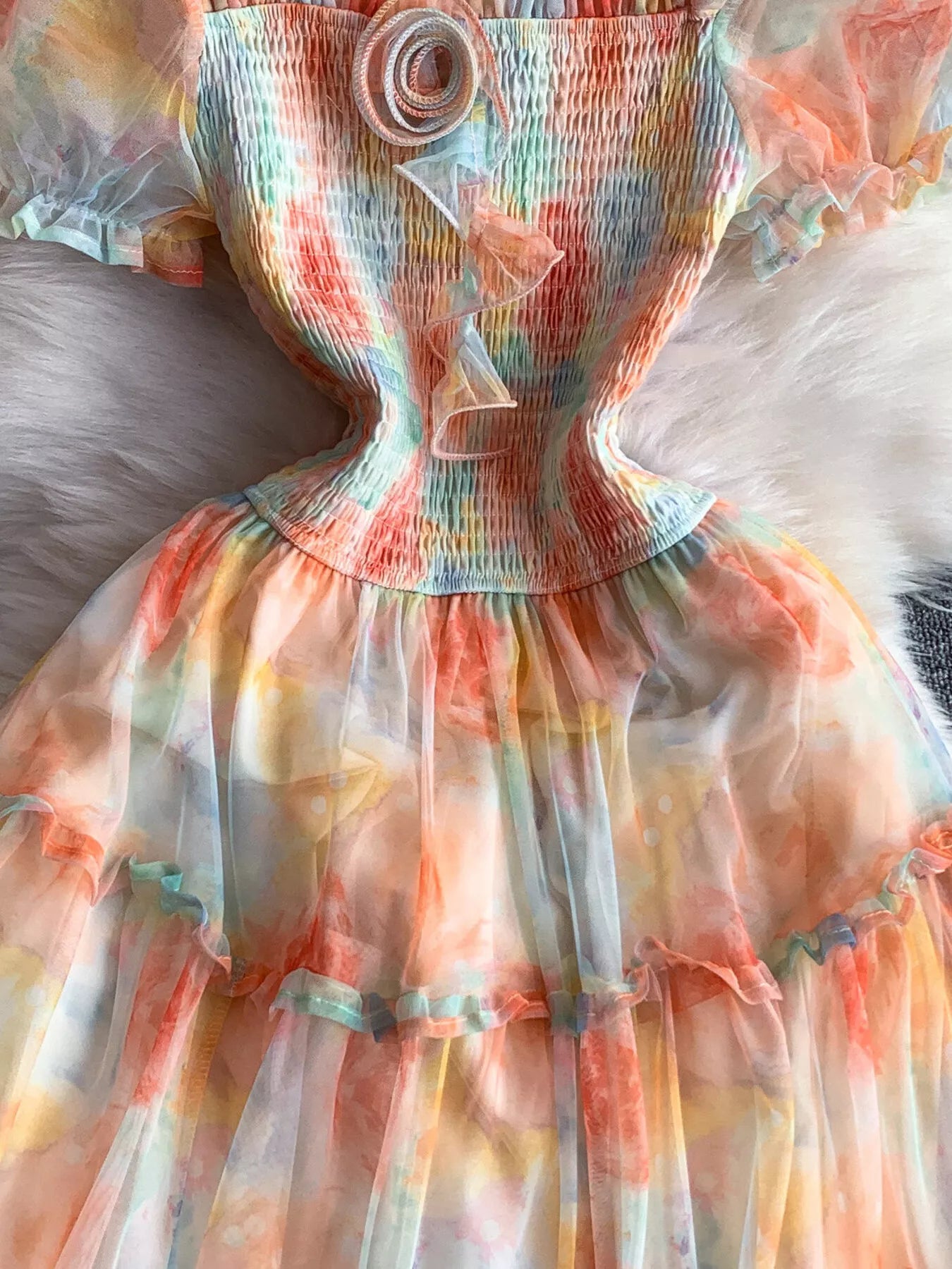 Smocked Floral Tiered Mesh Midi Dress - Girly Tea