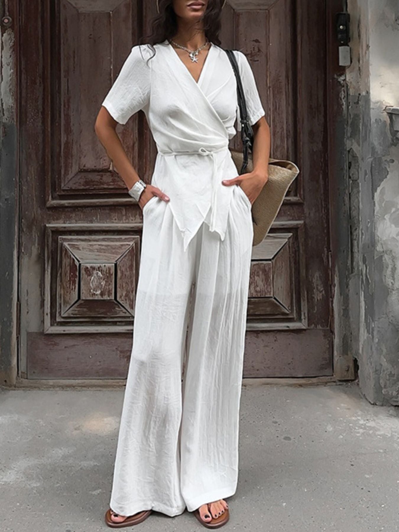 Wrap Top & Wide Leg Pants Set - Girly Tea
