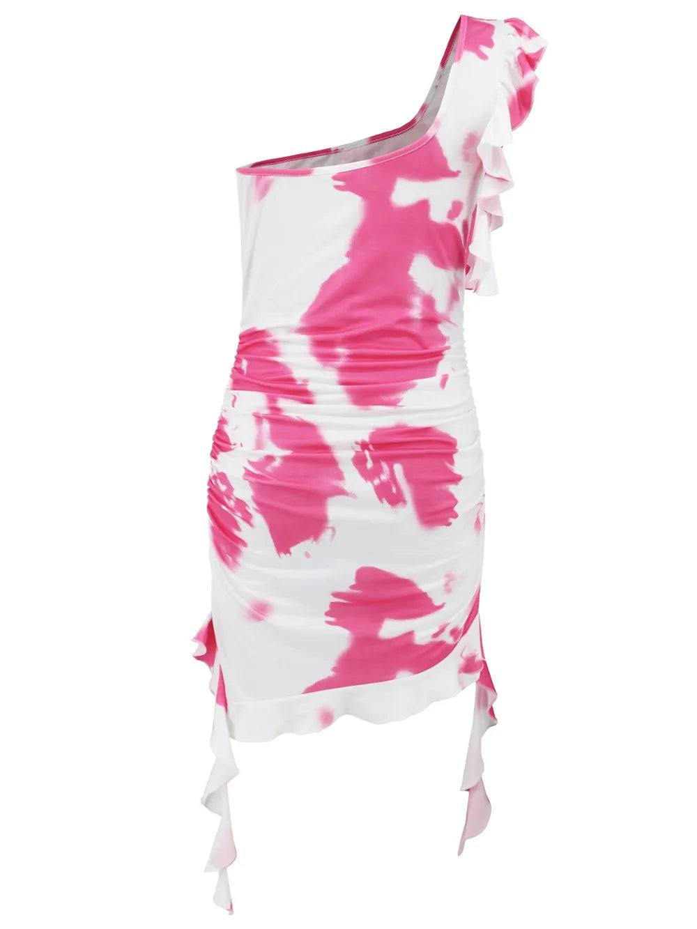 Ruffled Tie-Dye Single Shoulder Mini Dress - Girly Tea
