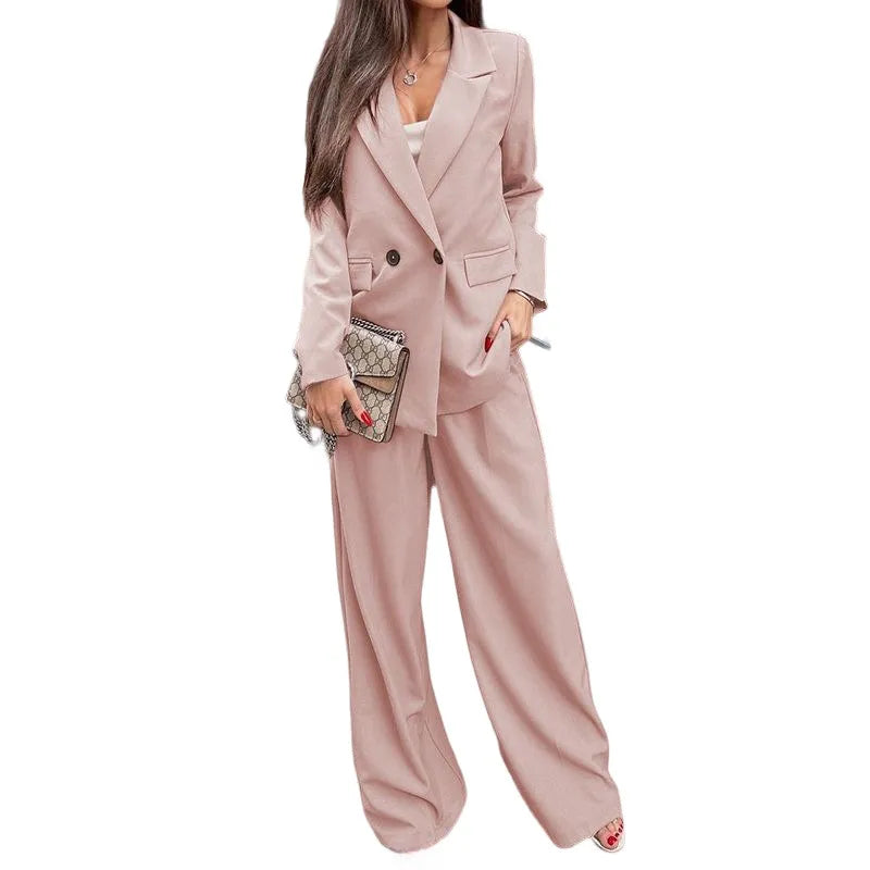 Buttoned Lapel Collar Long Sleeve Blazer and Pants Set - Girly Tea