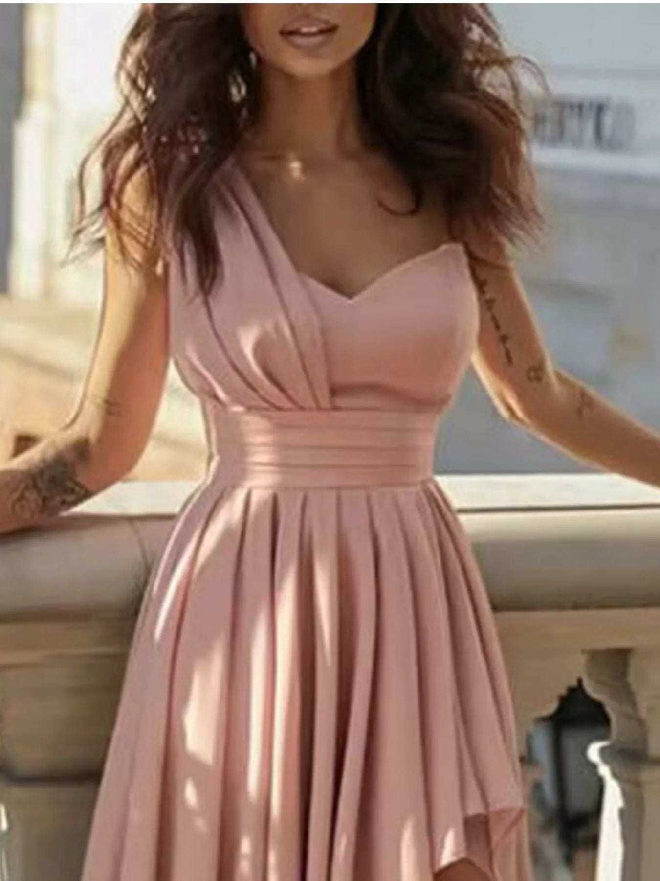One-Shoulder Asymmetrical Hem Maxi Dress - Girly Tea