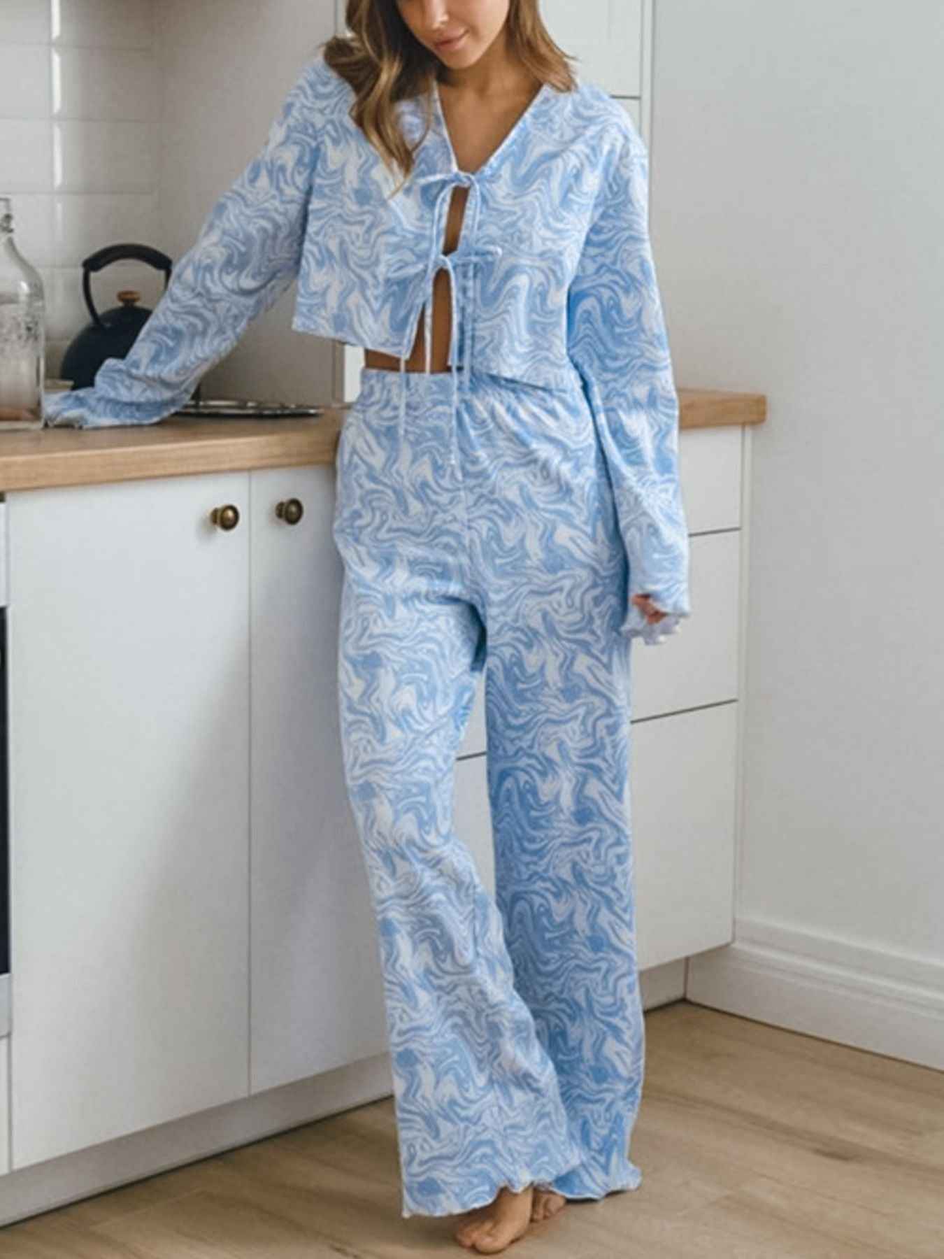 Tie Front Long Sleeve Top and Pants Lounge Set