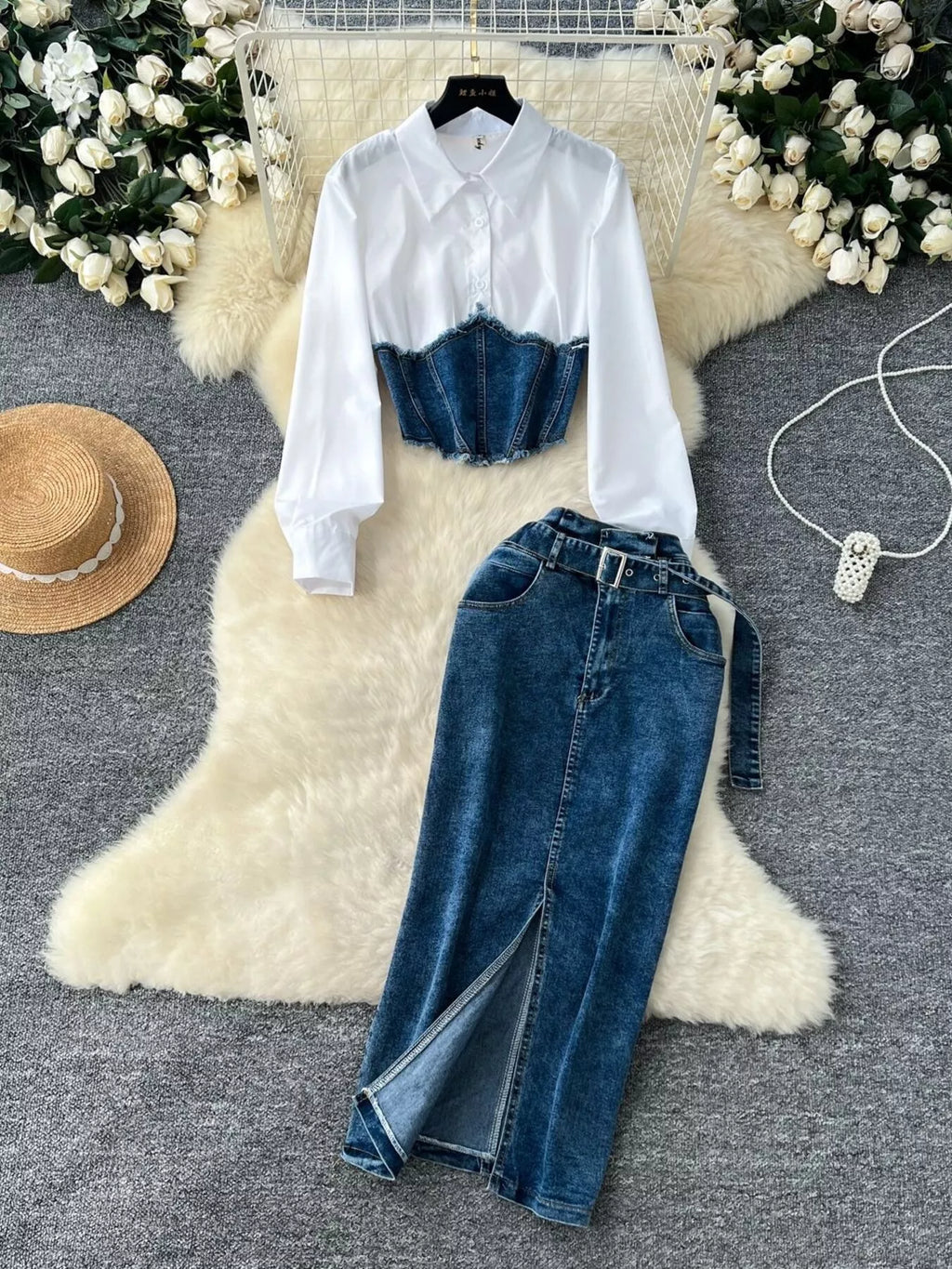 Frayed Denim Patchwork Top & Slit Maxi Skirt Denim Set - Girly Tea
