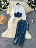 Frayed Denim Patchwork Top & Slit Maxi Skirt Denim Set - Girly Tea