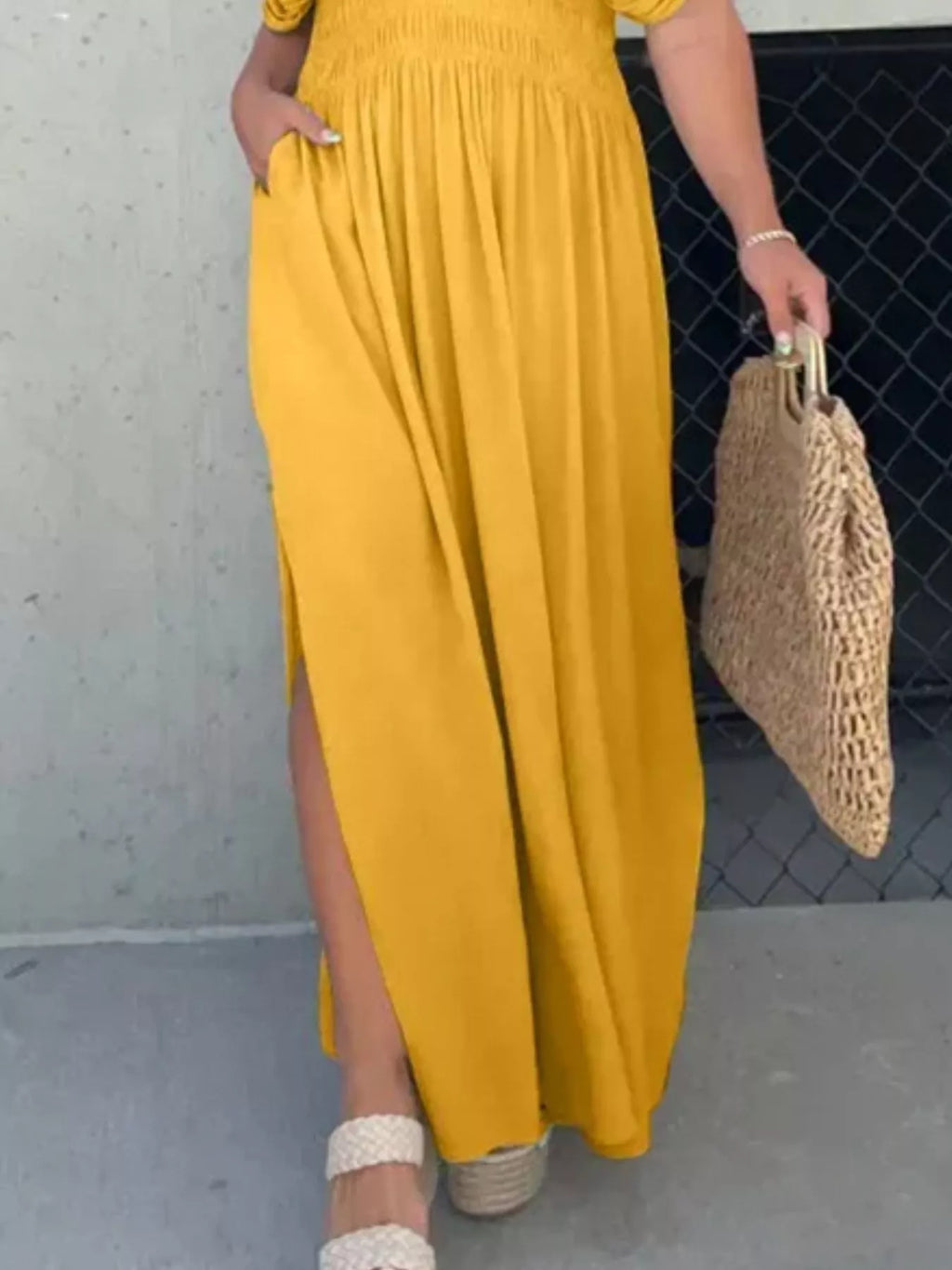 Full Size Slit V-Neck Smocked Waist Maxi Dress Plus Size - Girly Tea
