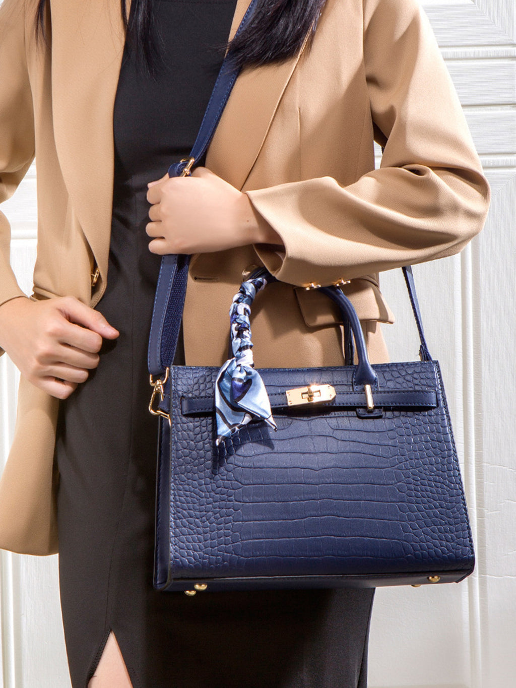 Crocodile Embossed Leather Top Handle Handbag - Girly Tea