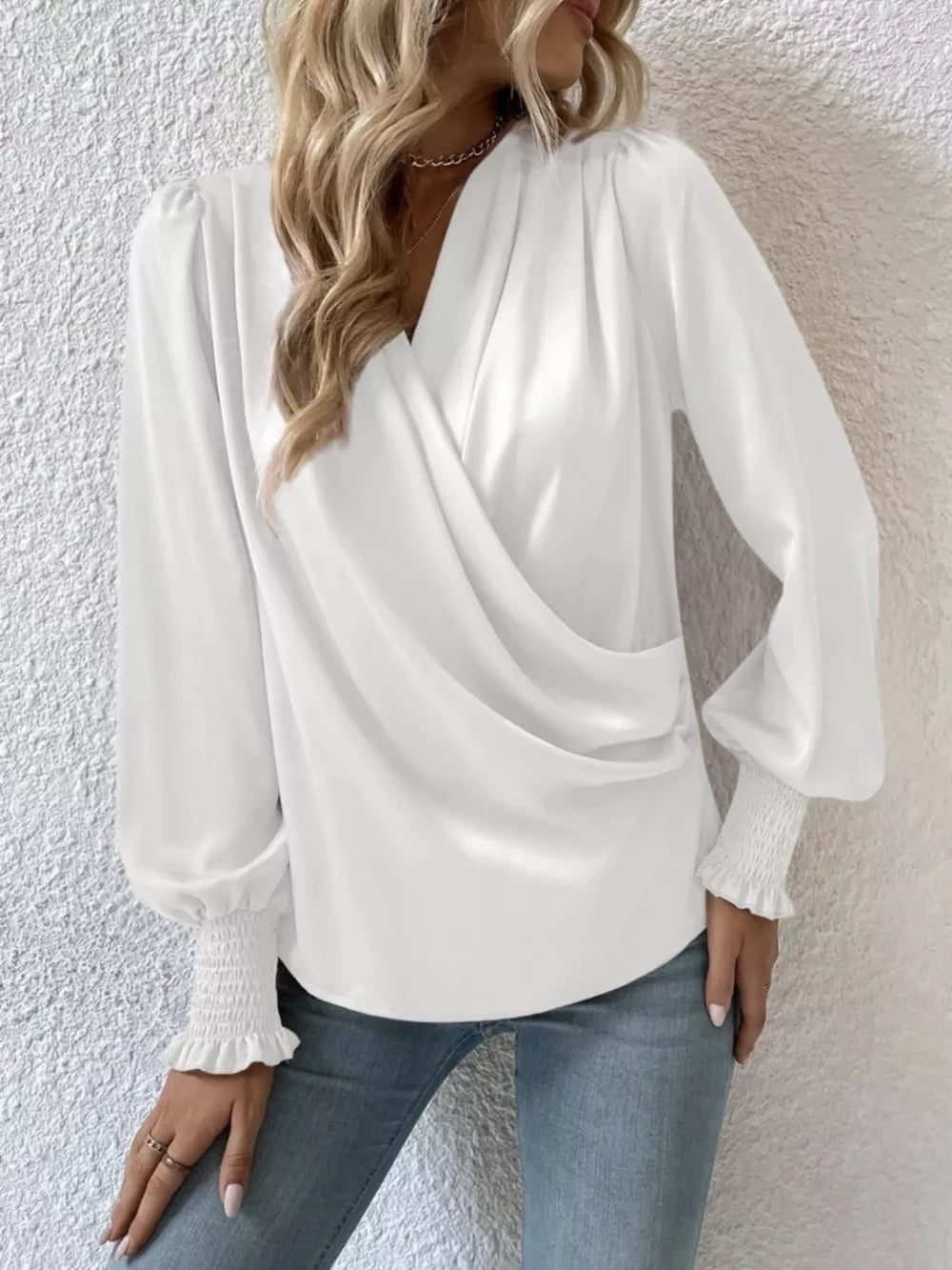 Surplice Smocked Lantern Sleeve Blouse - Girly Tea