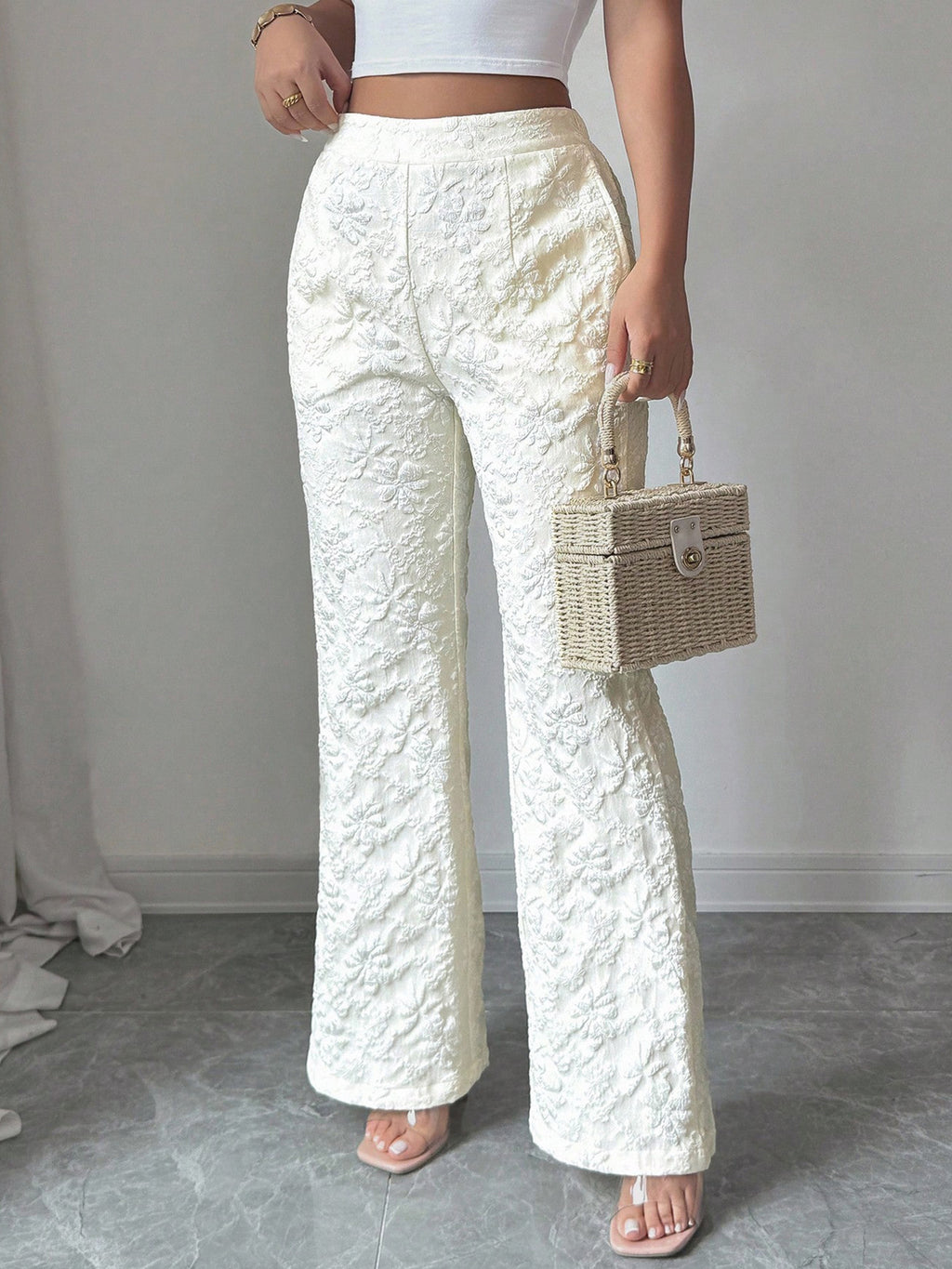 Textured High Waist Wide Leg Pants - Girly Tea