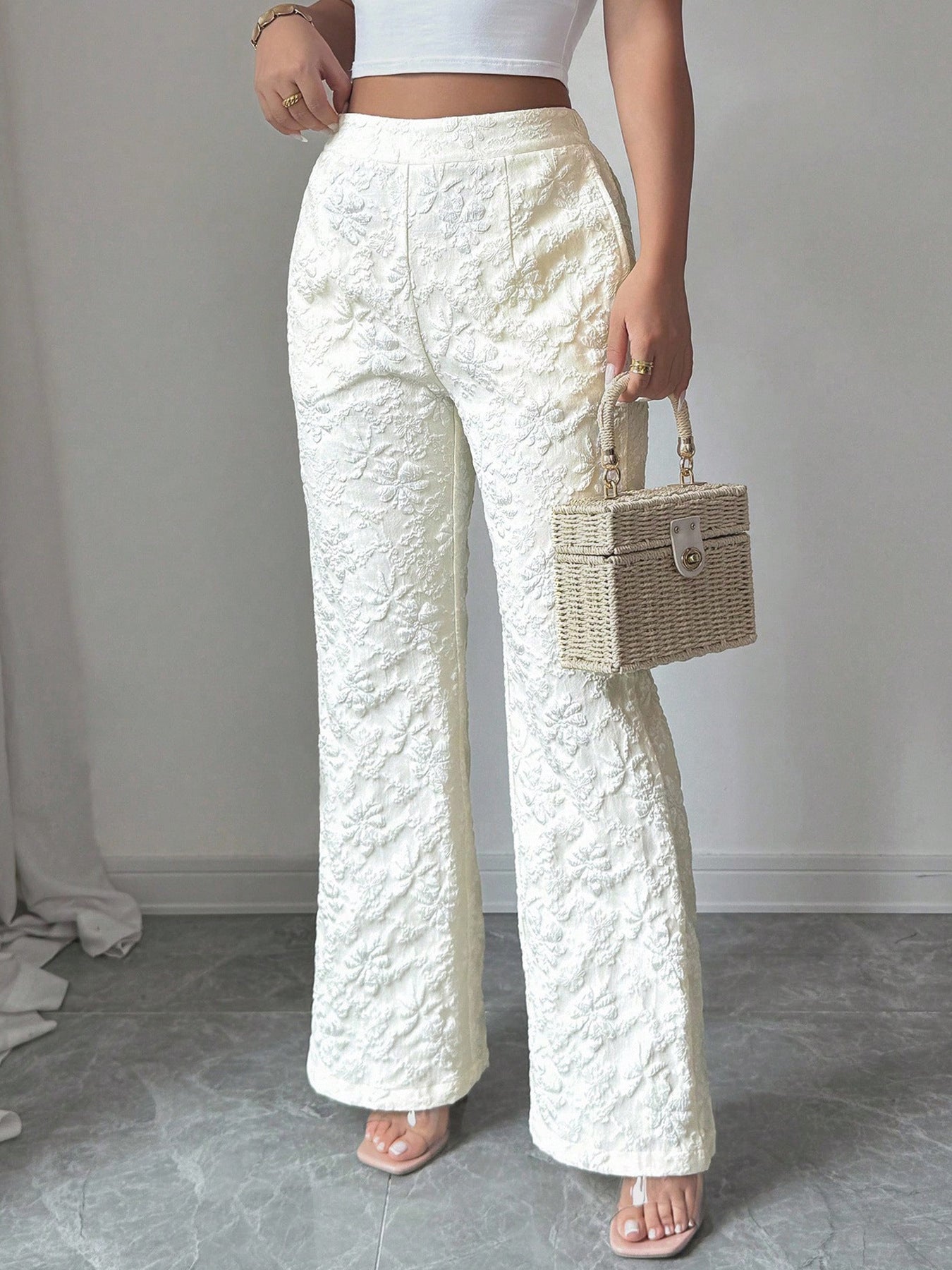 Textured High Waist Wide Leg Pants - Girly Tea