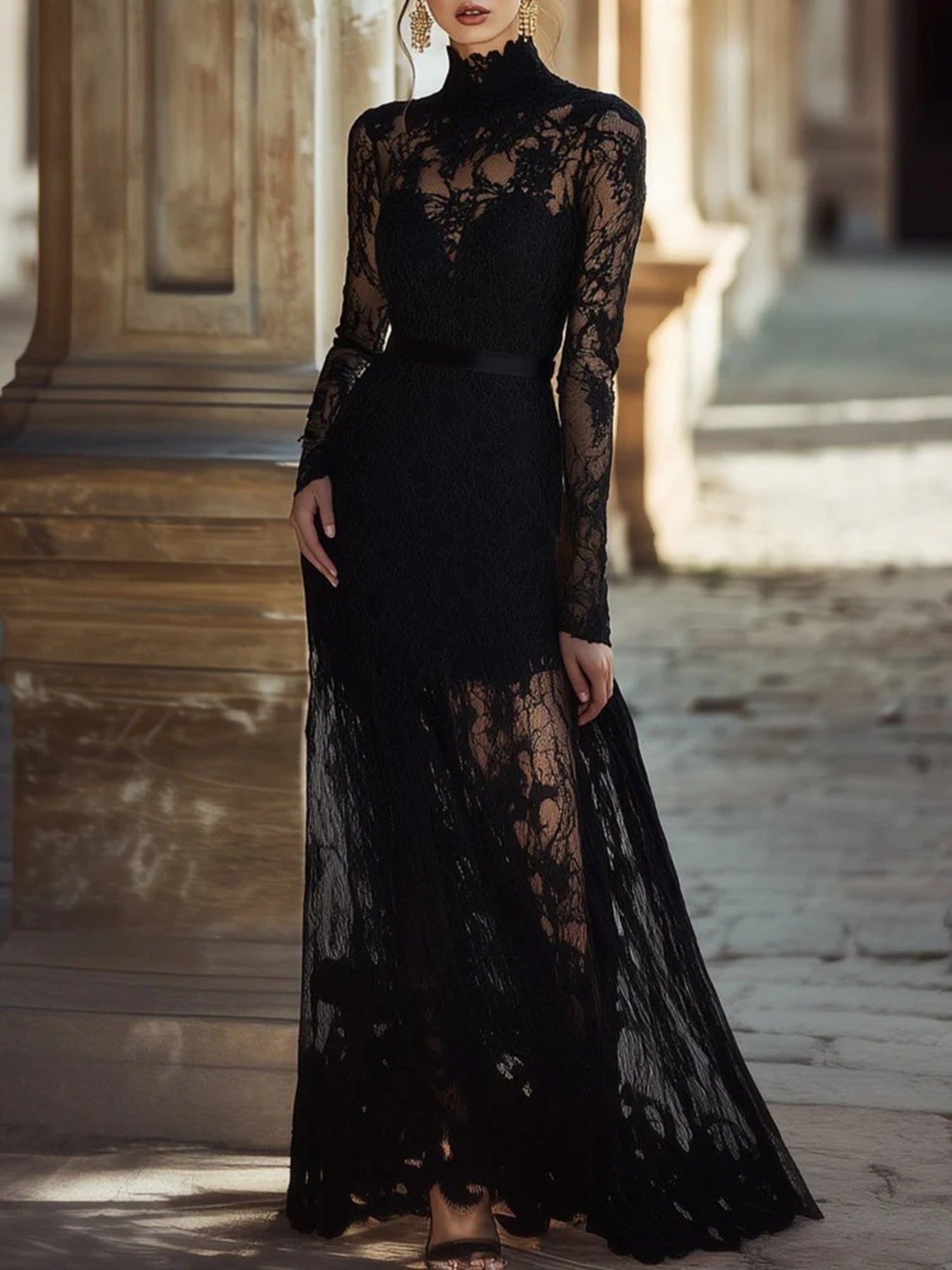 Lace High Neck Long Sleeve Maxi Dress - Girly Tea