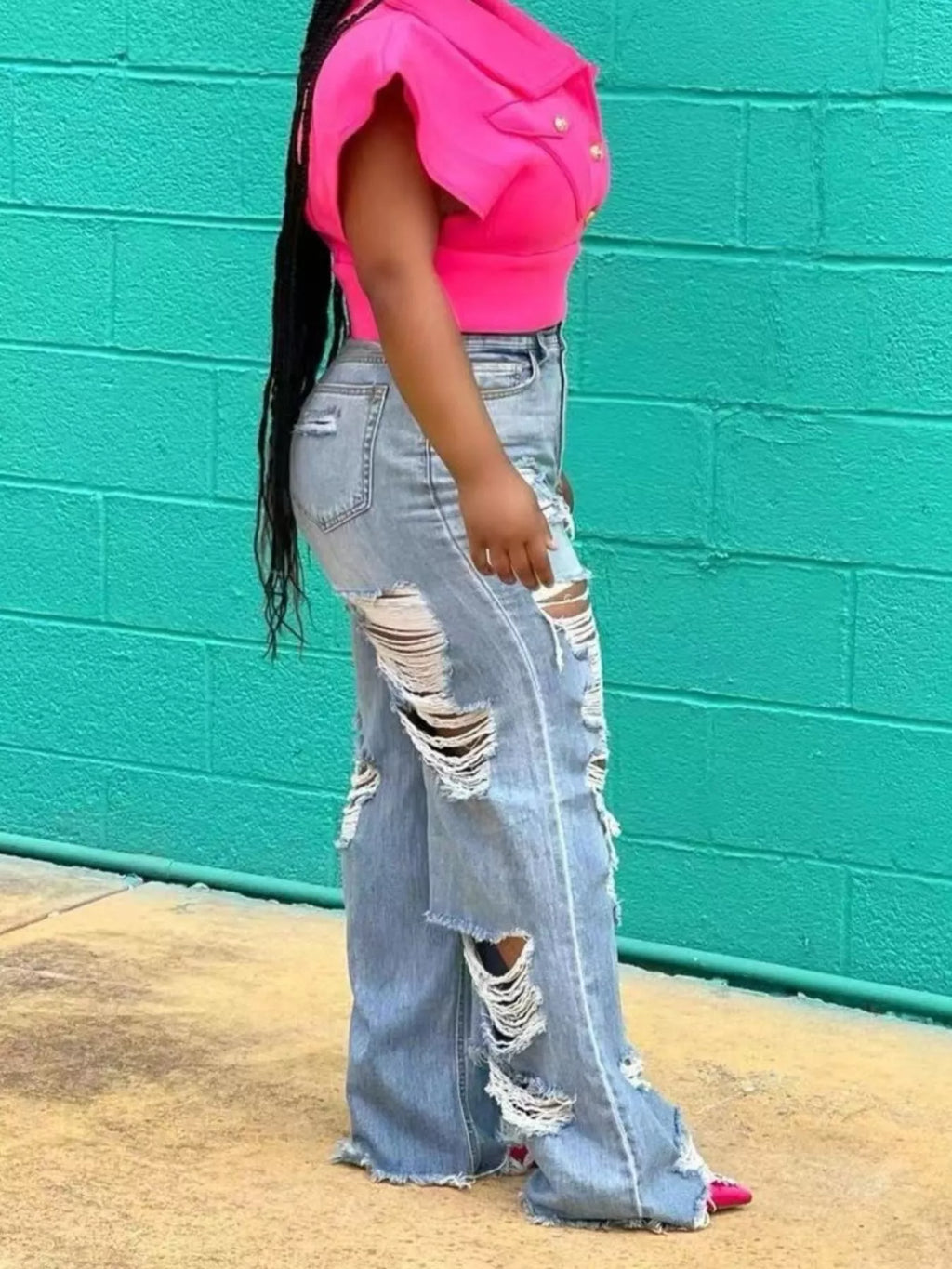Full Size Distressed Wide Leg Jeans Plus Size - Girly Tea