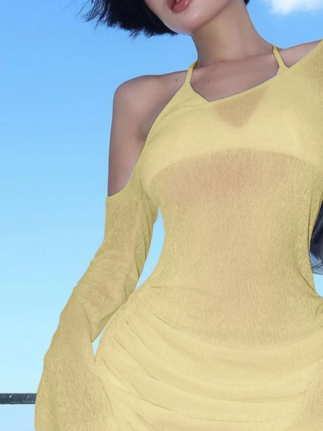 One-Shoulder Bell Sleeve Ruched Mini Cover-Up Dress - Girly Tea