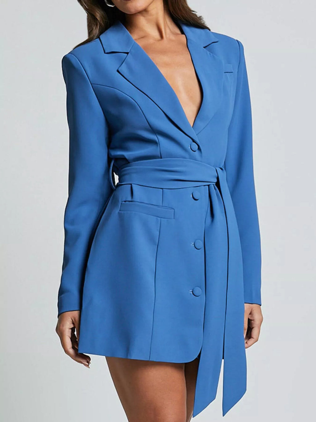 Lapel Collar Tie Waist Blazer - Girly Tea
