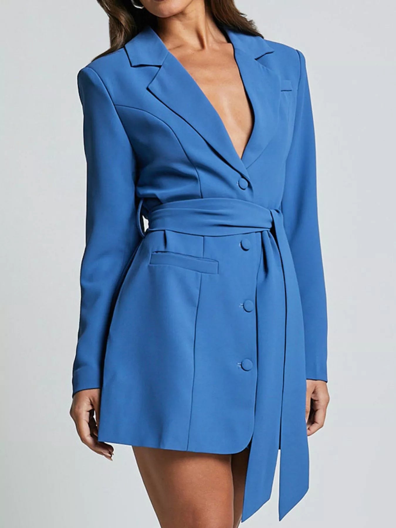 Lapel Collar Tie Waist Blazer - Girly Tea