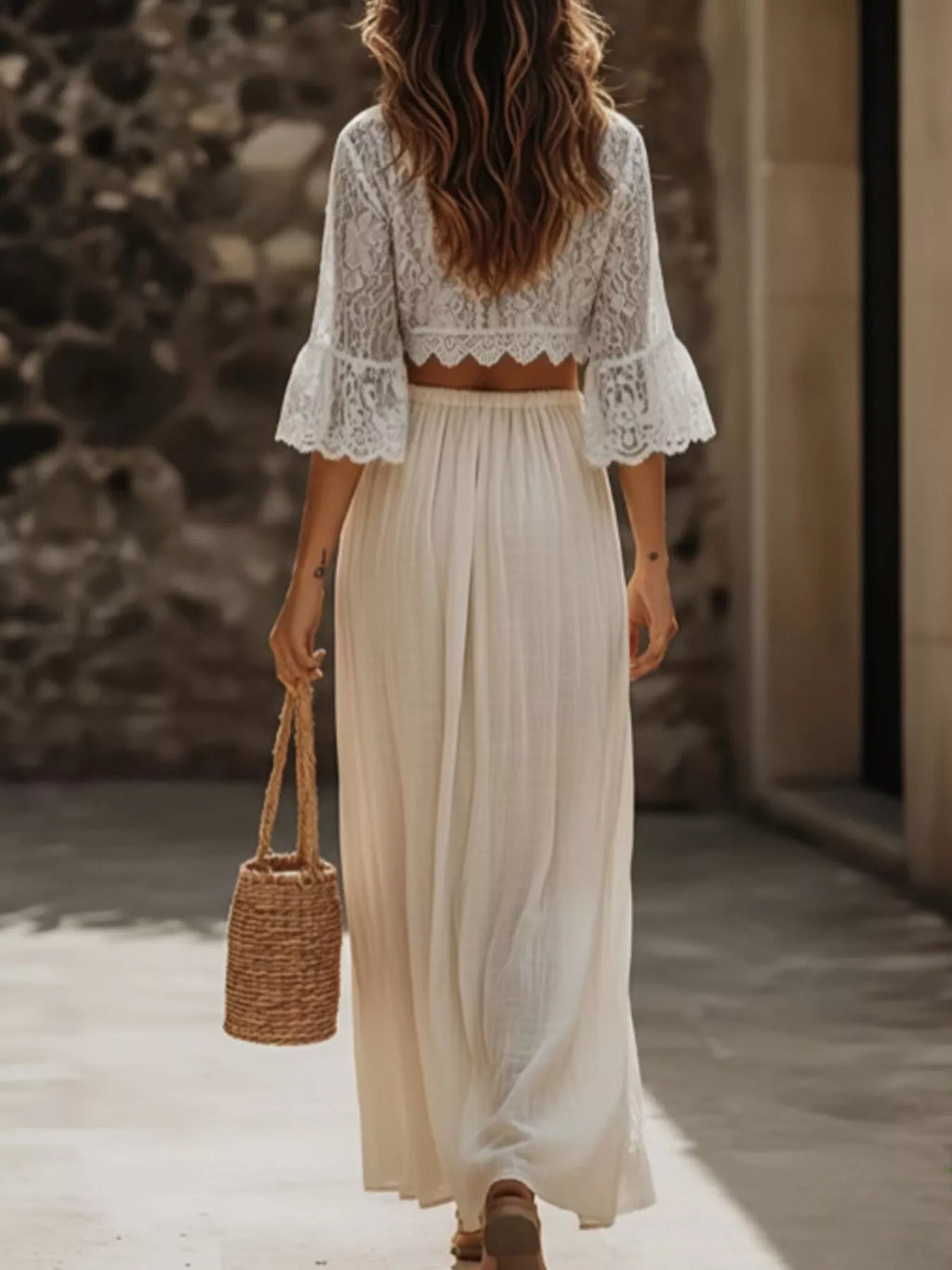 Lace Crop Top and Slit Maxi Skirt Set - Girly Tea