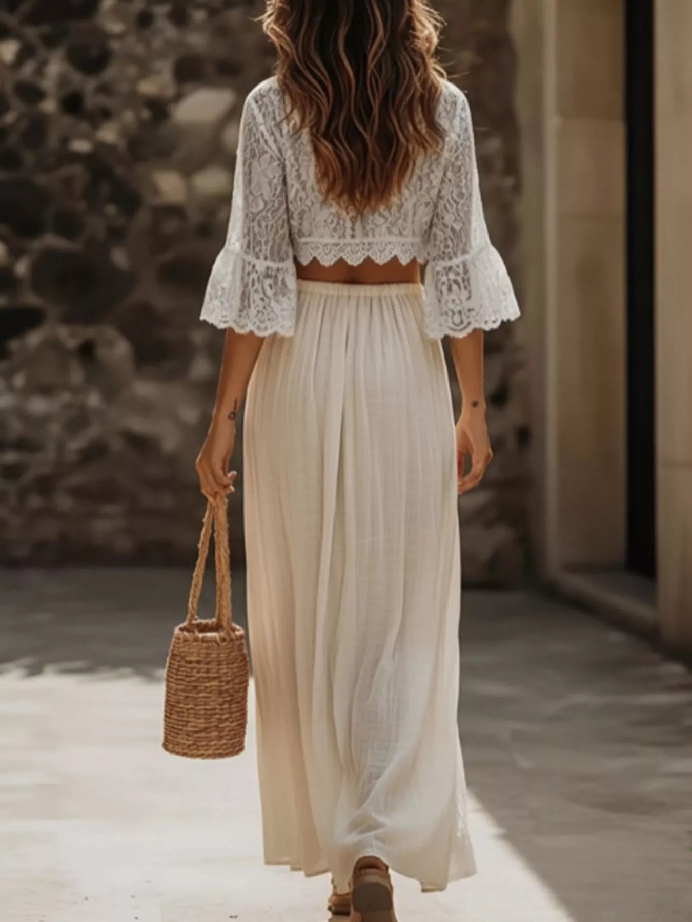 Lace Crop Top and Slit Maxi Skirt Set - Girly Tea