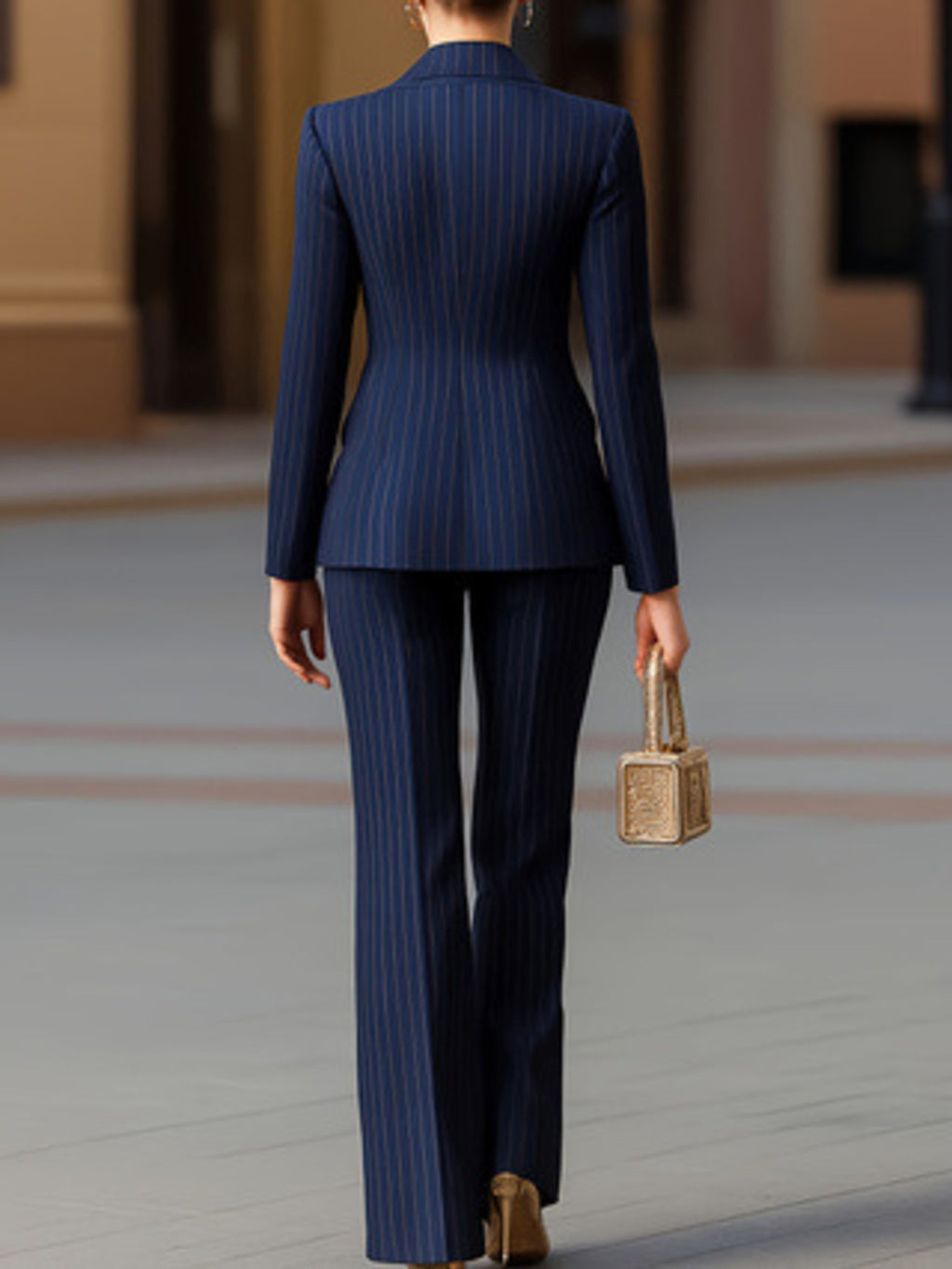 Striped Double-Breasted Blazer & Wide Leg Pants Set - Girly Tea