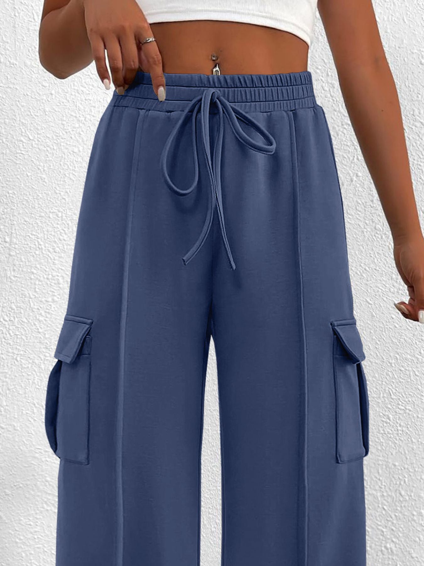 Casual High Waist Cargo Pants with Drawstring - Girly Tea