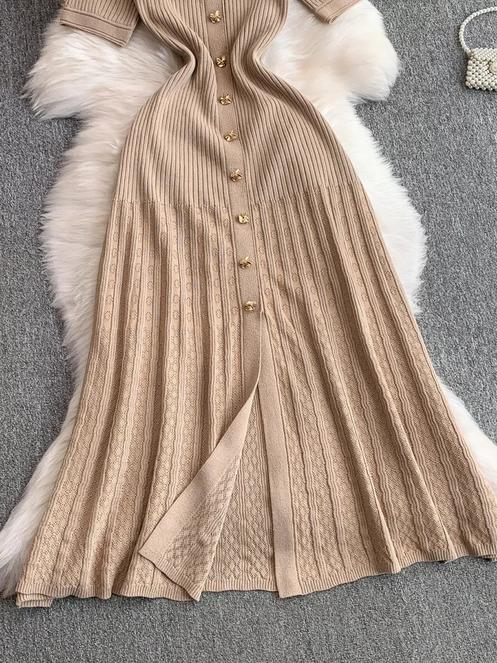 Button Front Ribbed Knit Midi Dress - Girly Tea