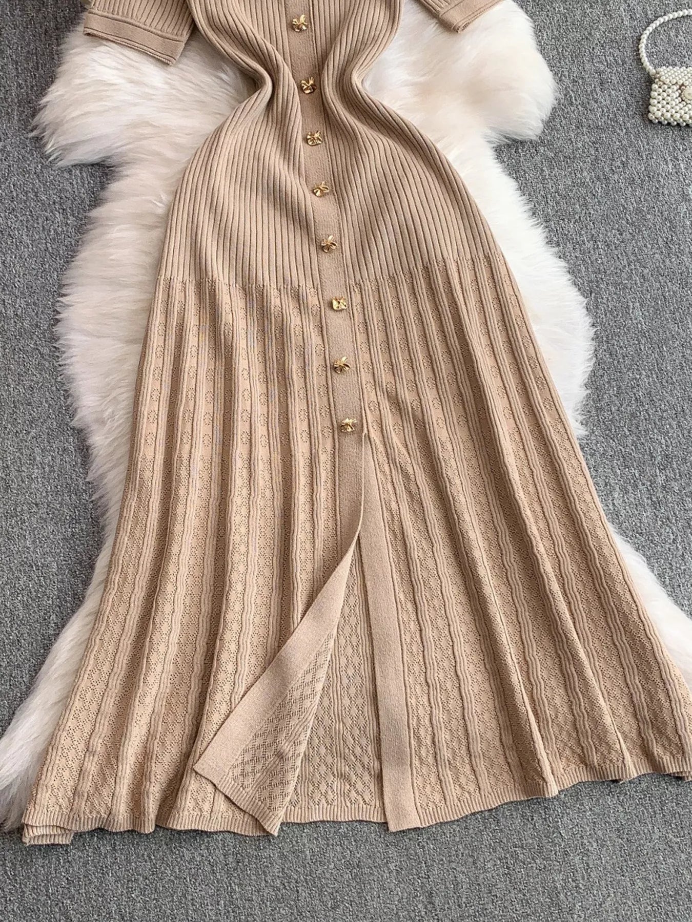 Button Front Ribbed Knit Midi Dress - Girly Tea