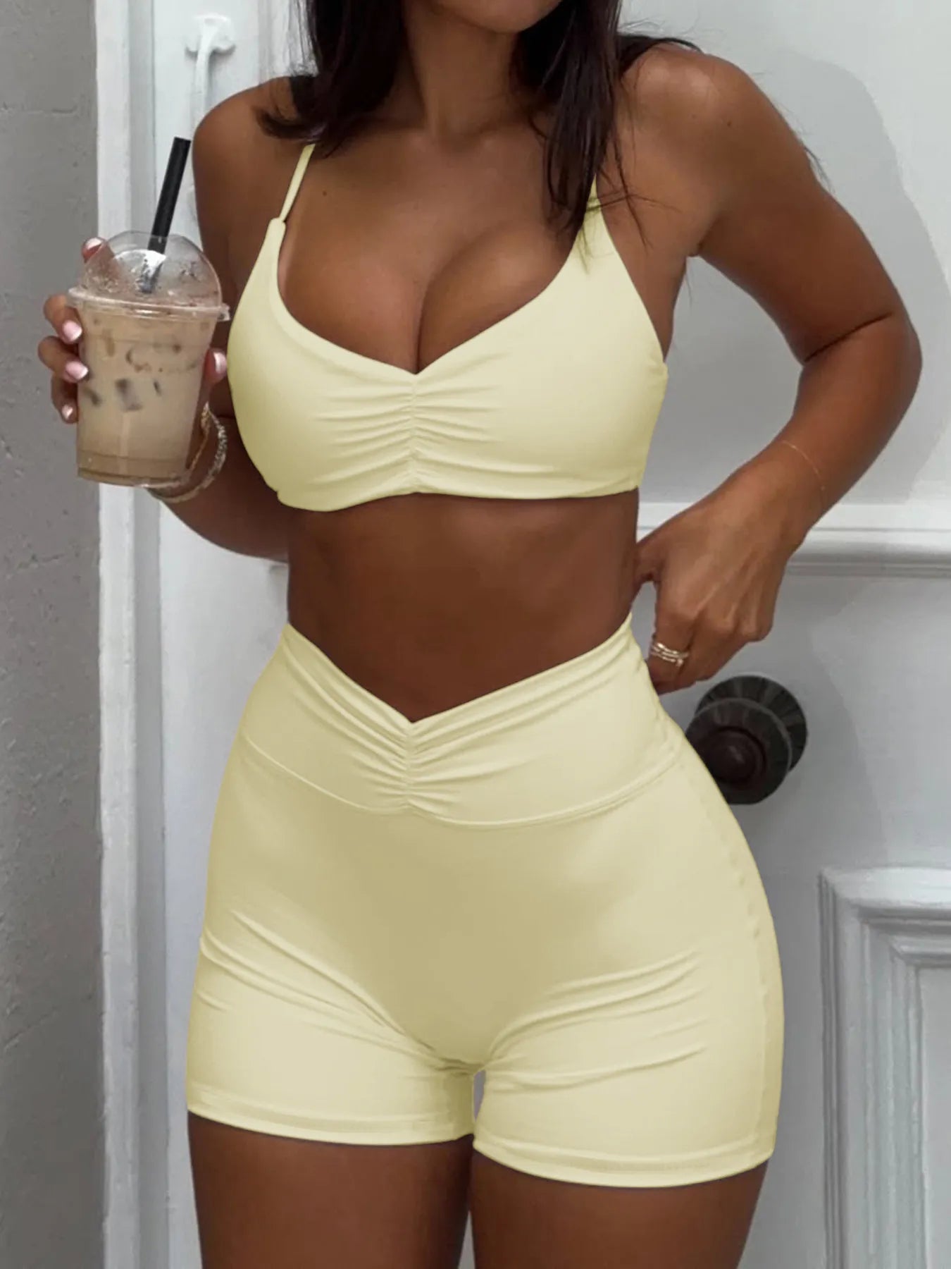 Ruched Sports Bra and High-Waisted Shorts Active Set - Girly Tea