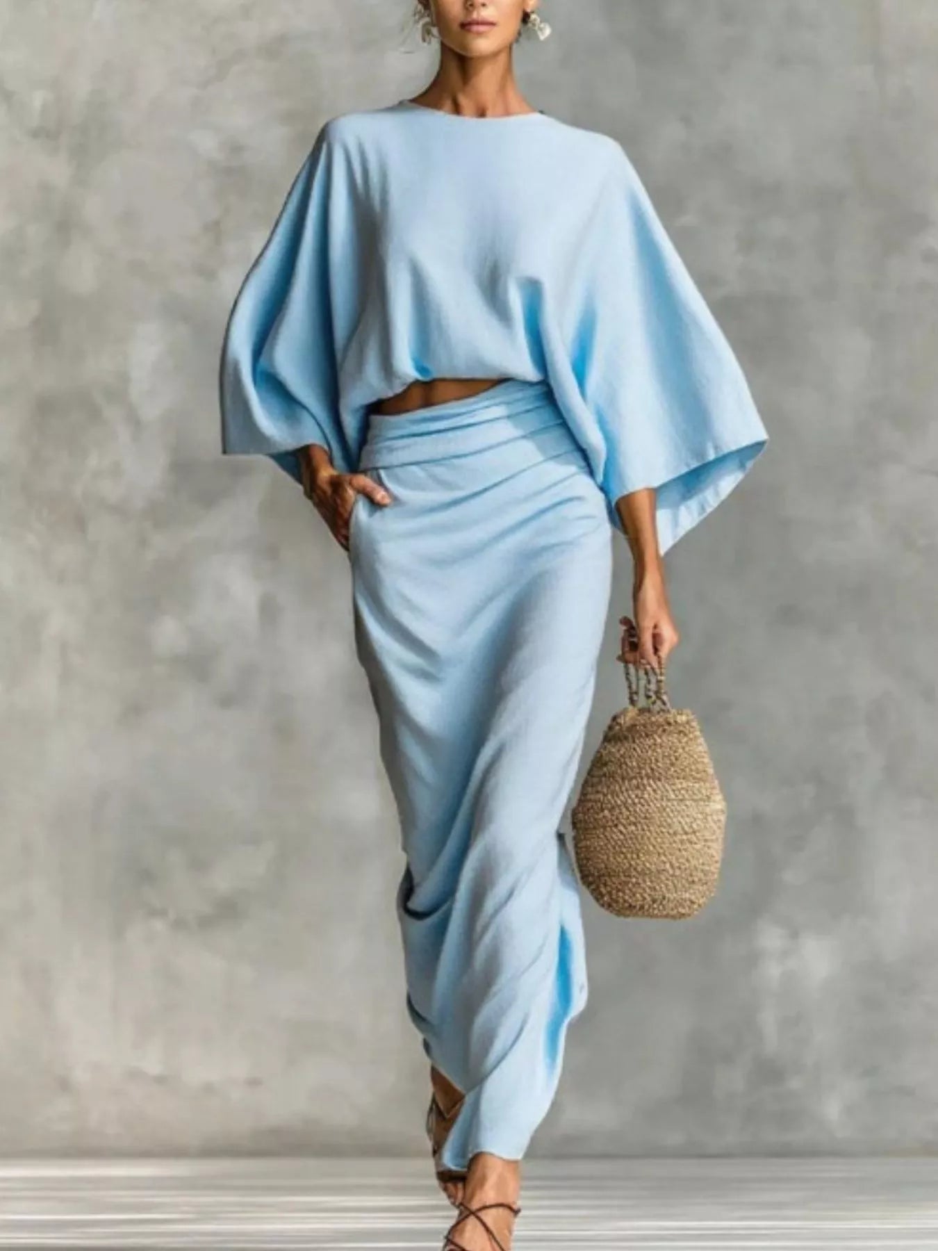 Full Size Kimono Sleeve Top and Ruched Skirt Set Plus Size - Girly Tea