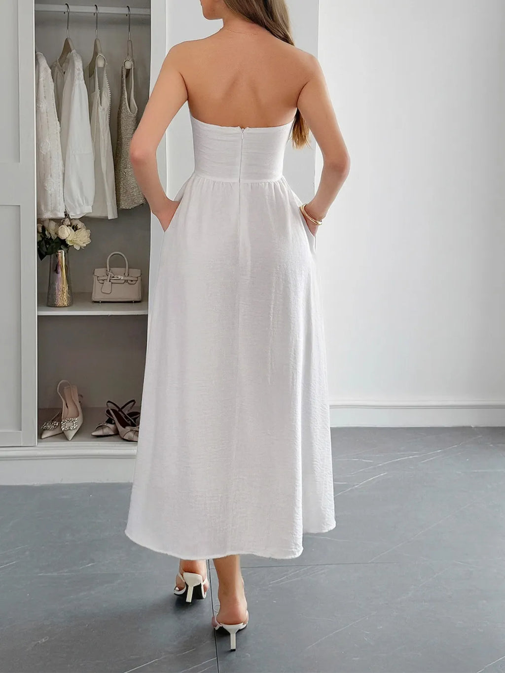Strapless A-Line Midi Dress with Pockets - Girly Tea