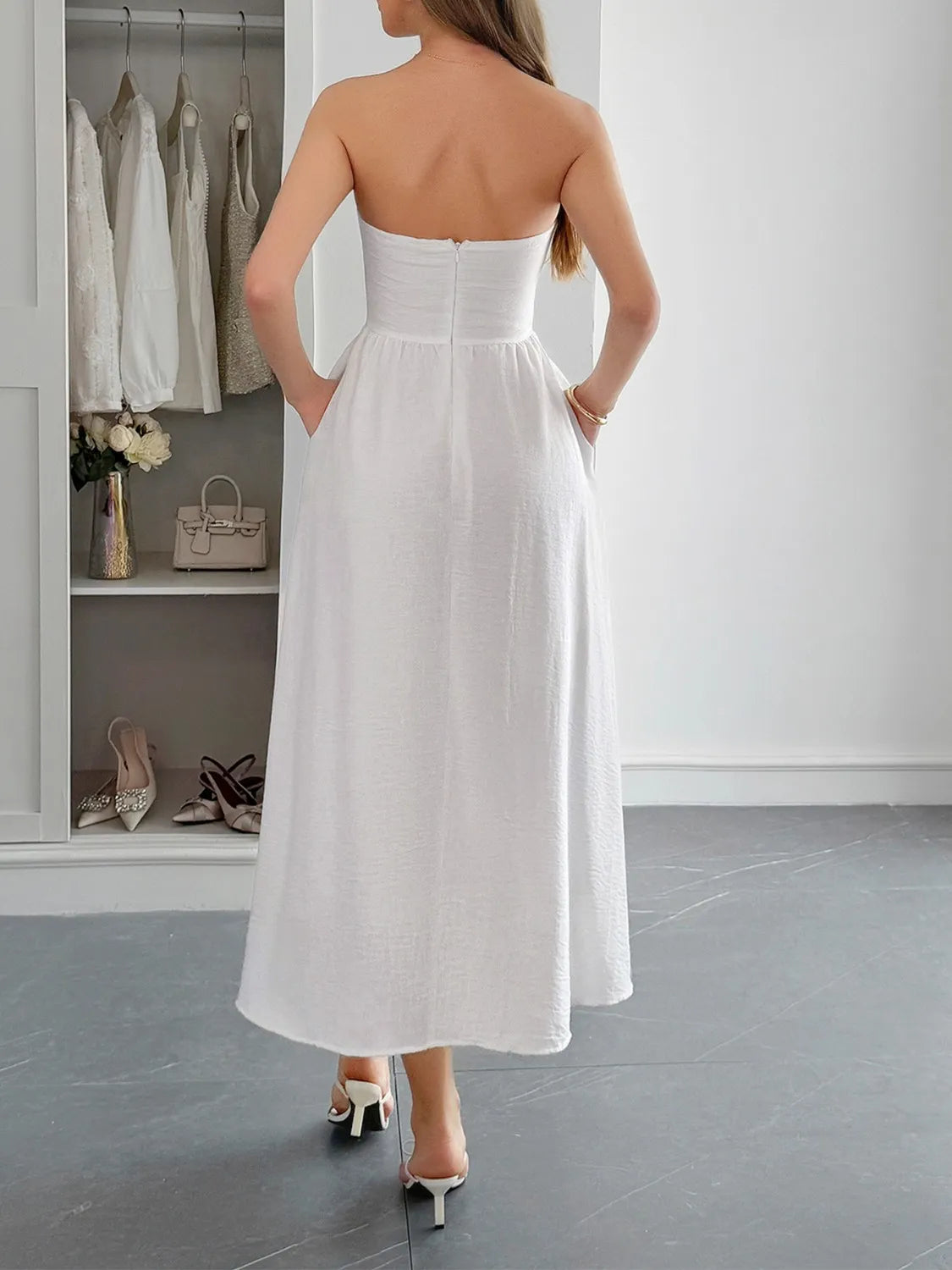 Strapless A-Line Midi Dress with Pockets - Girly Tea