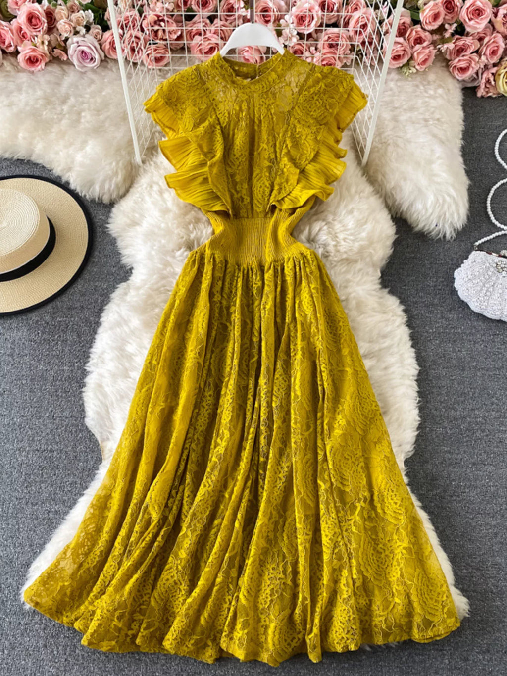 Ruffled Mock Neck Lace Maxi Dress - Girly Tea
