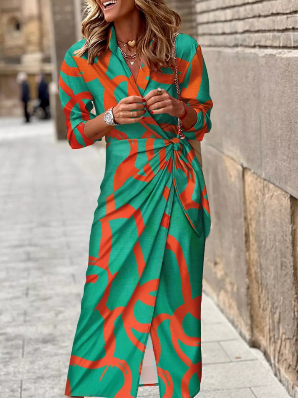 Printed Collared Neck Shirt Dress - Girly Tea