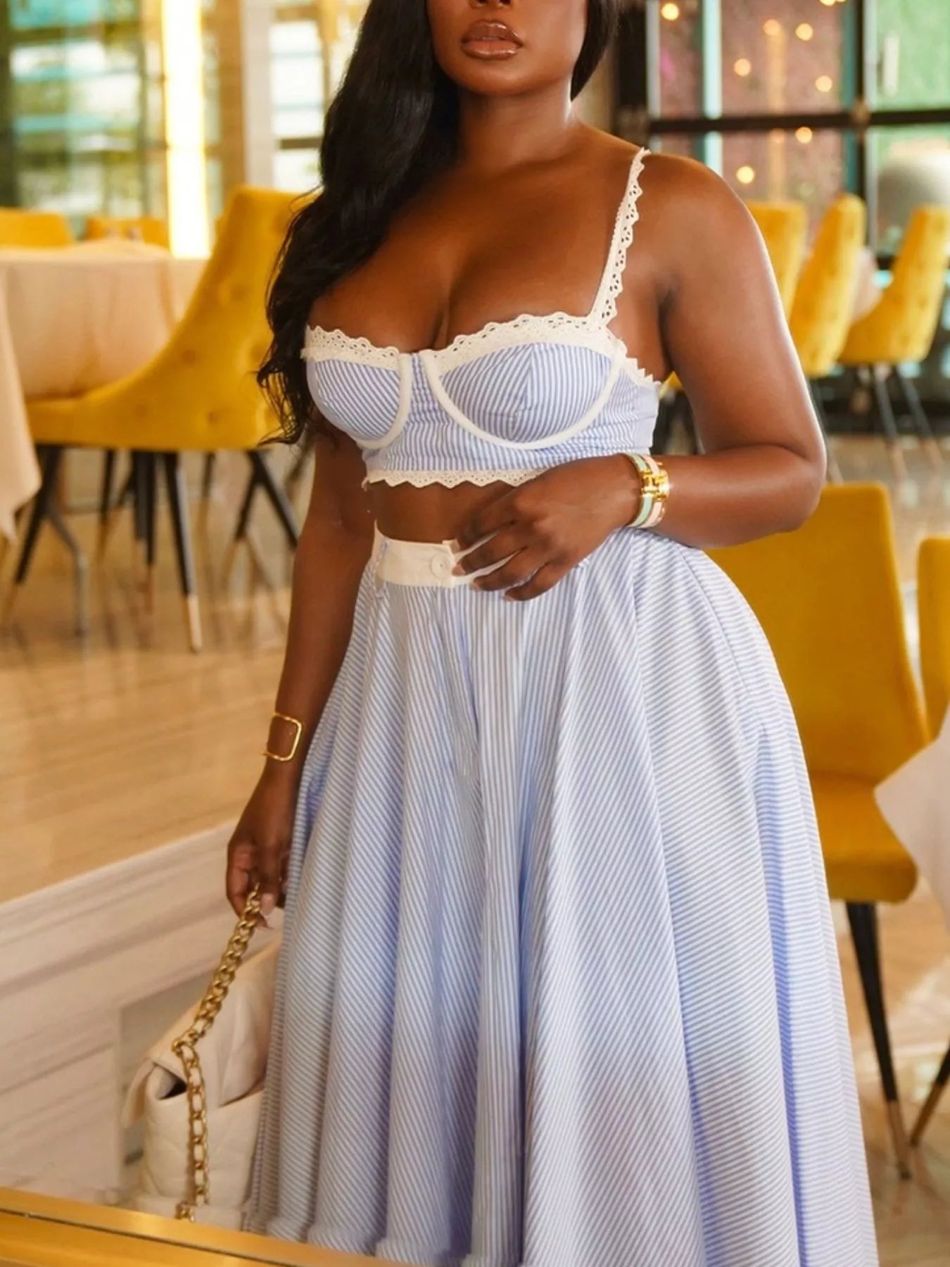 Striped Lace Trim Cami and Skirt Two-Piece Set - Girly Tea