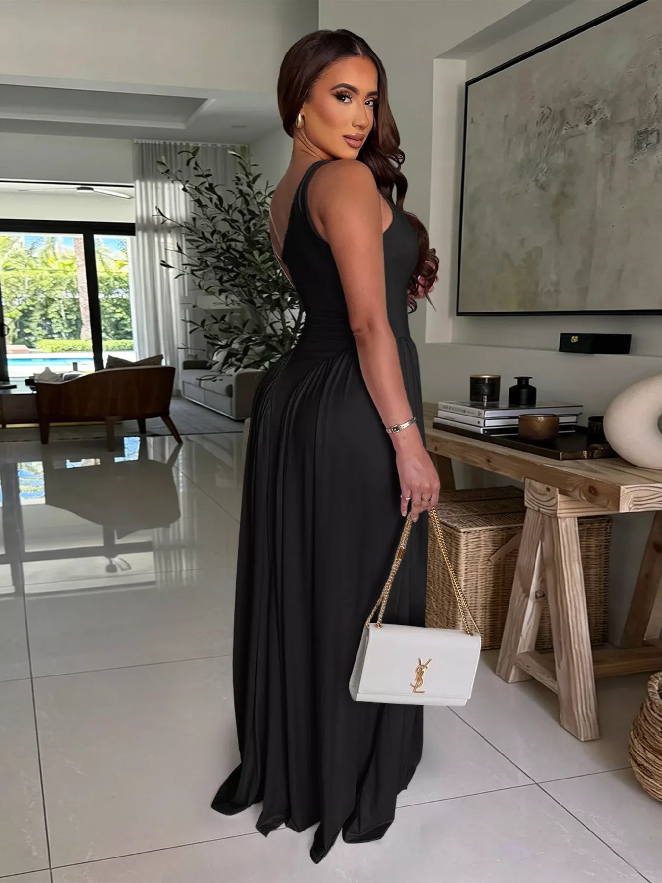 Ruched One-Shoulder Maxi Dress - Girly Tea