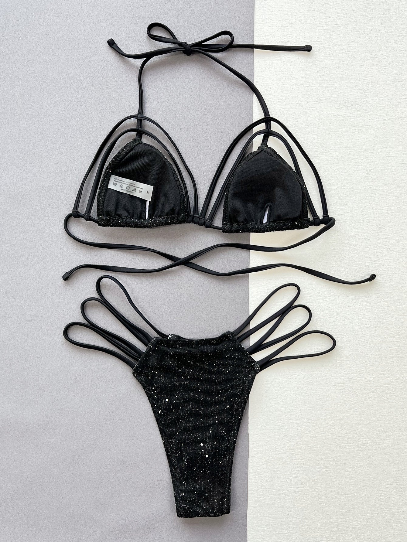 Glitter Halter Neck Strappy Two-Piece Bikini Set - Girly Tea
