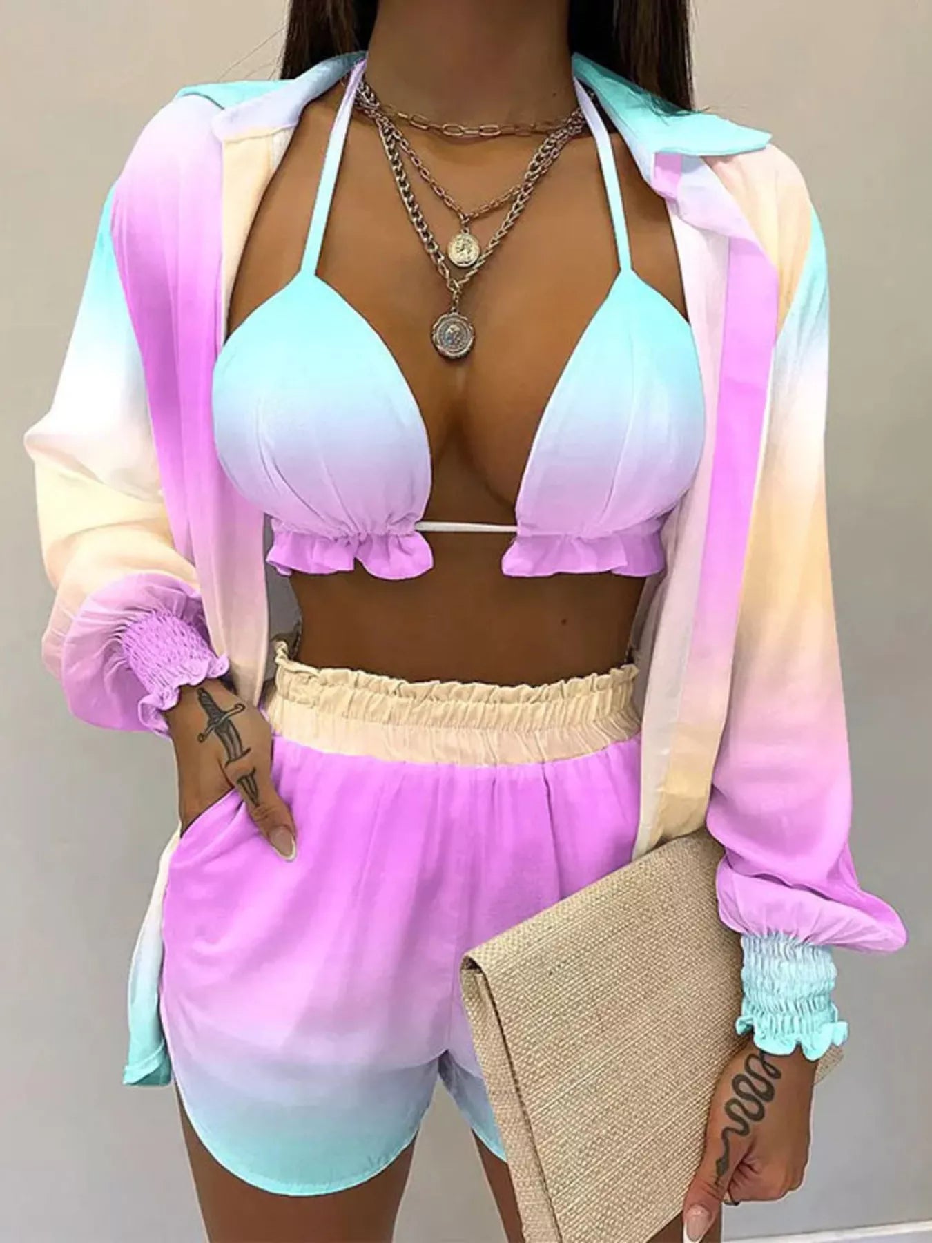 Full Size Halter Neck Cami & Shirt & Shorts 3-Piece Outfit Set Plus Size - Girly Tea