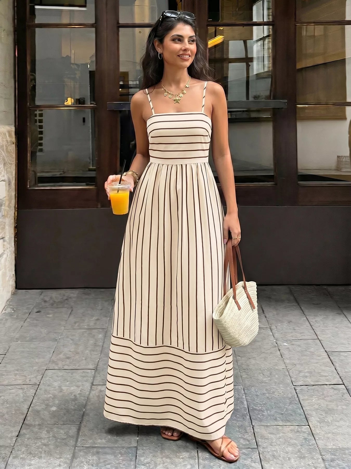 Striped Print Spaghetti Strap Maxi Dress - Girly Tea