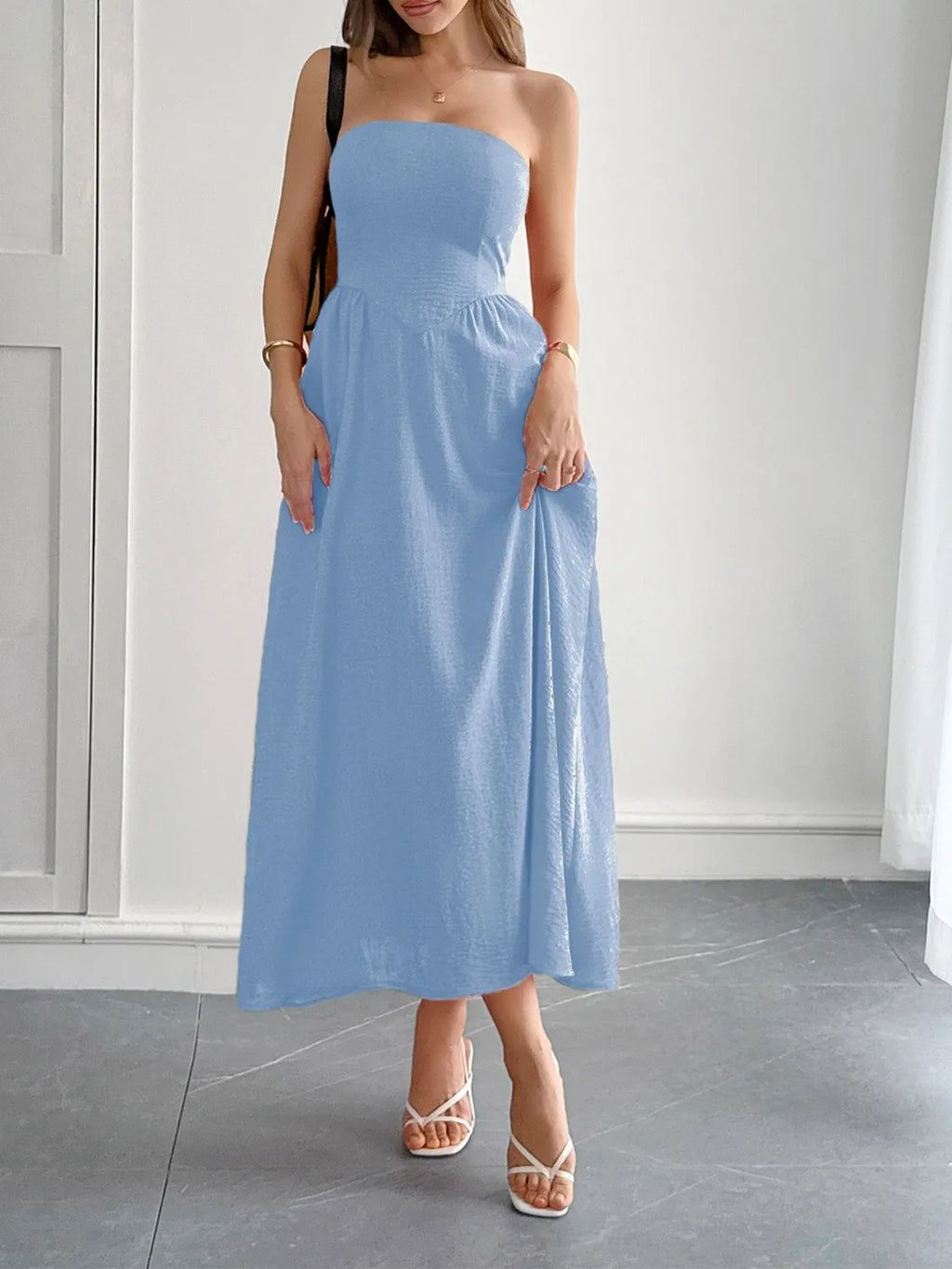 Strapless A-Line Midi Dress with Pockets - Girly Tea
