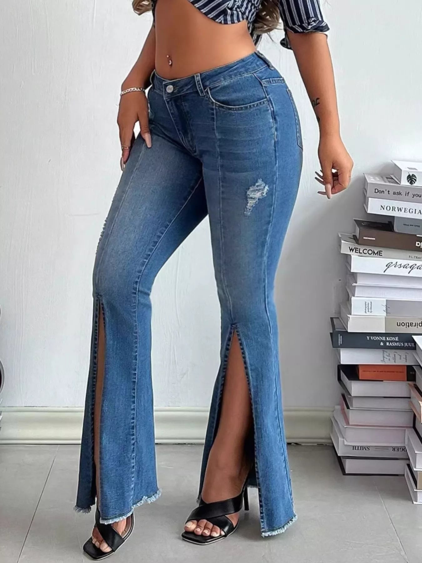 Distressed Slit Flare Jeans - Girly Tea