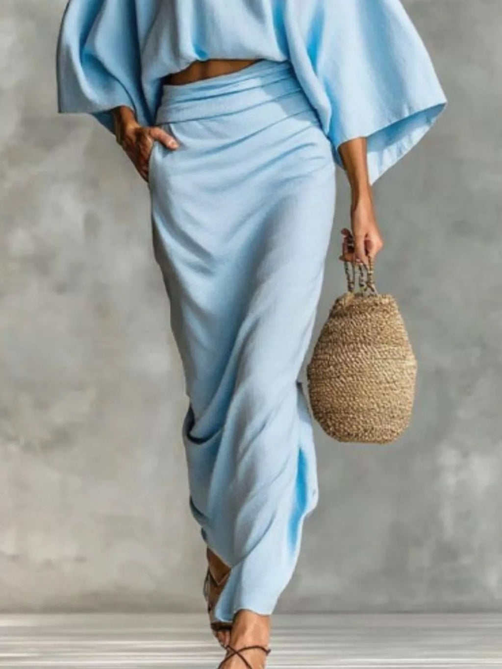Full Size Kimono Sleeve Top and Ruched Skirt Set Plus Size - Girly Tea