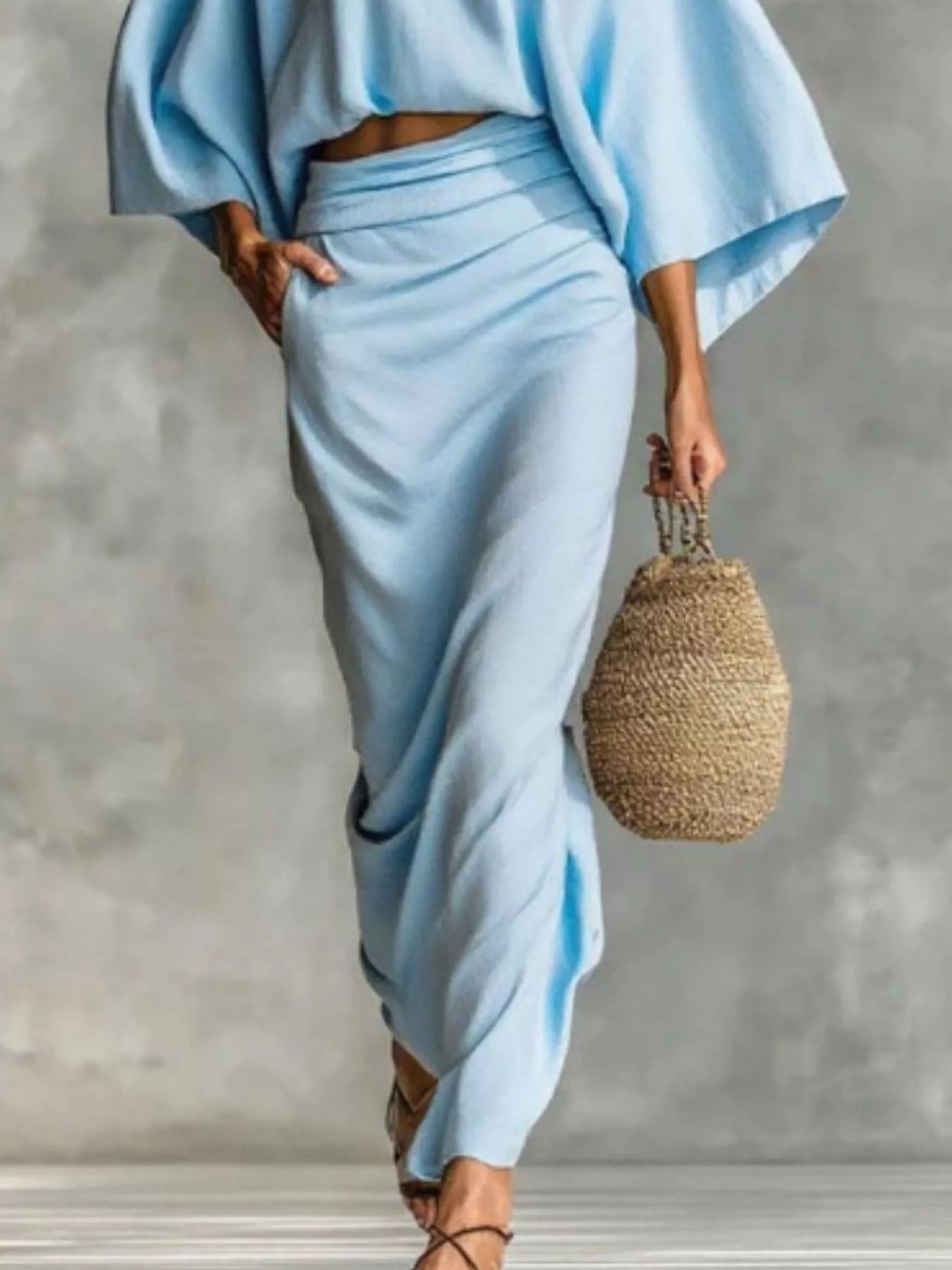 Full Size Kimono Sleeve Top and Ruched Skirt Set Plus Size - Girly Tea