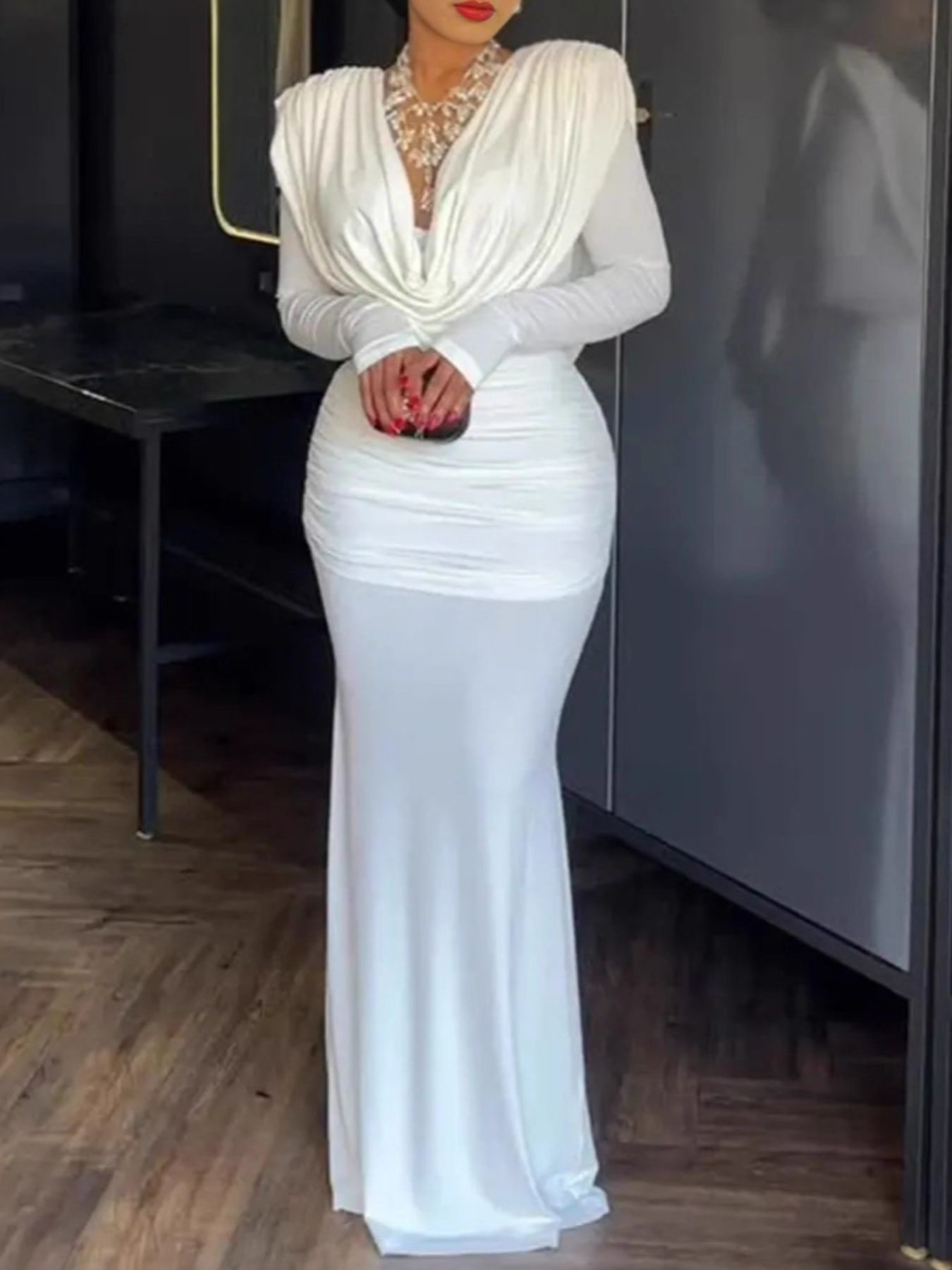 Ruched Long Sleeve Maxi Dress - Girly Tea