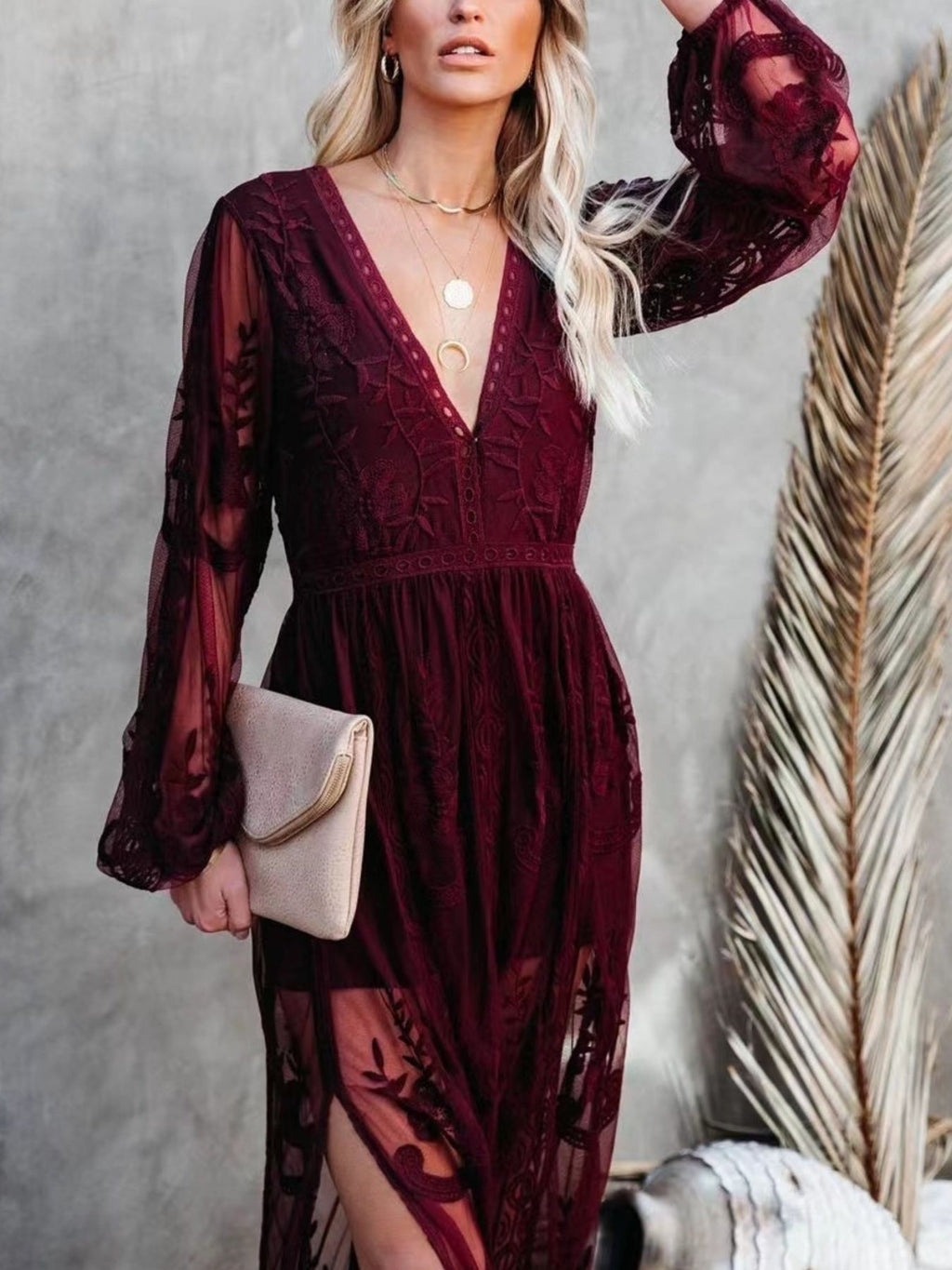 Floral Lace Slit Maxi Dress - Girly Tea