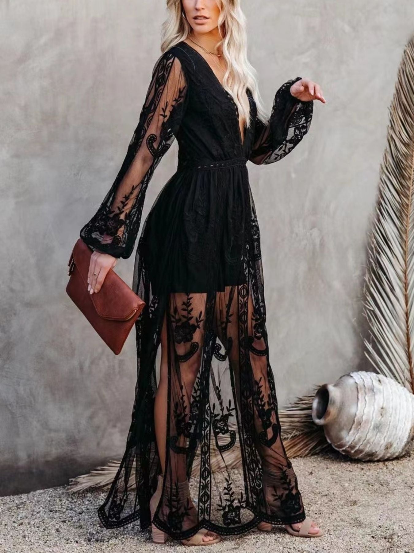 Floral Lace Slit Maxi Dress - Girly Tea