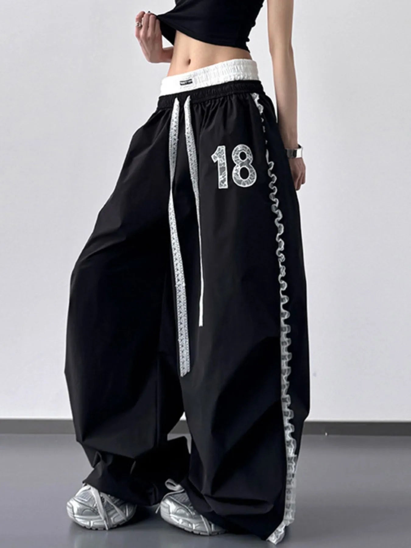Lace Detail Drawstring Wide Leg Pants - Girly Tea