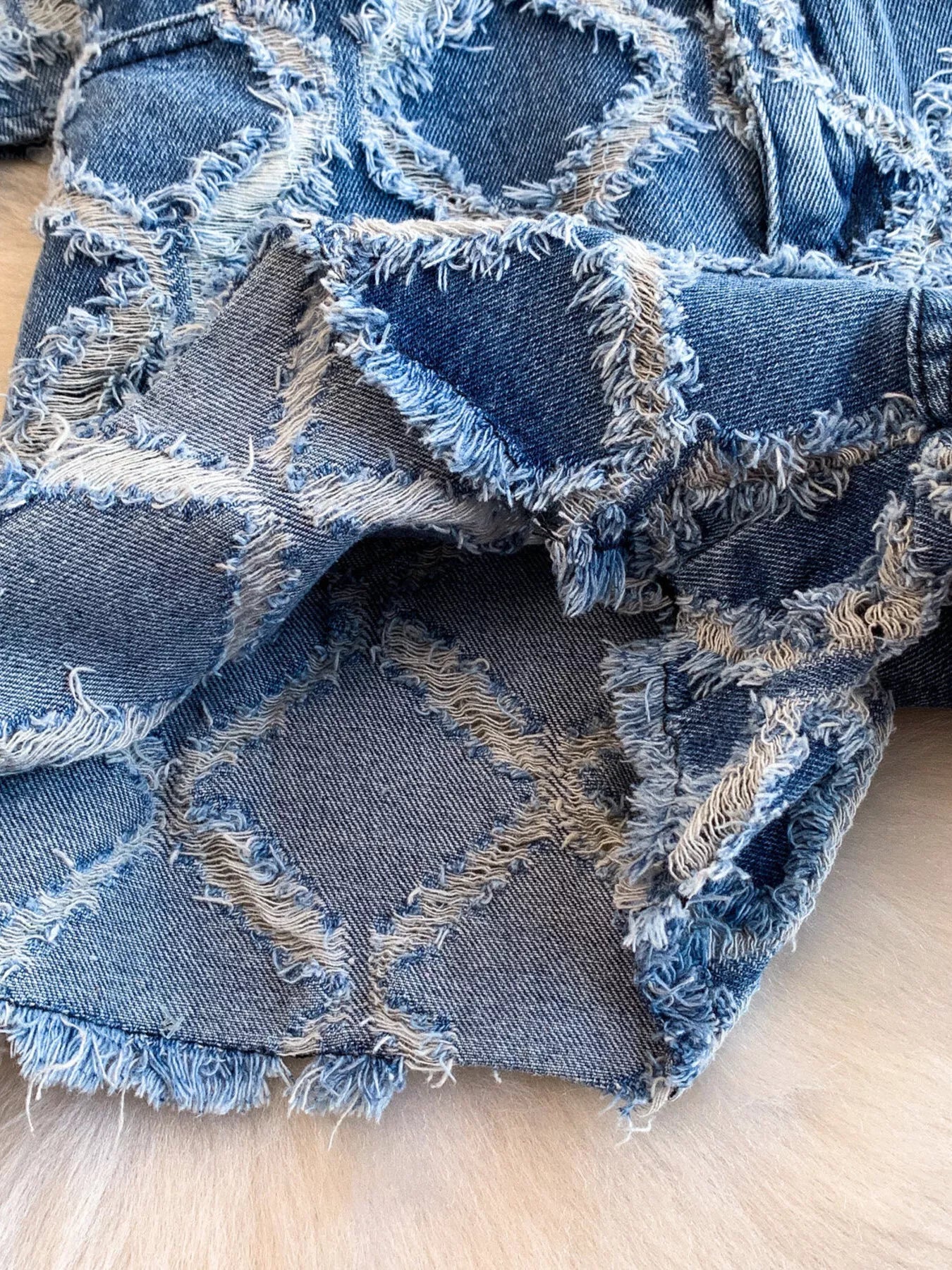Distressed Diamond Pattern Jacket and Shorts Denim Set - Girly Tea