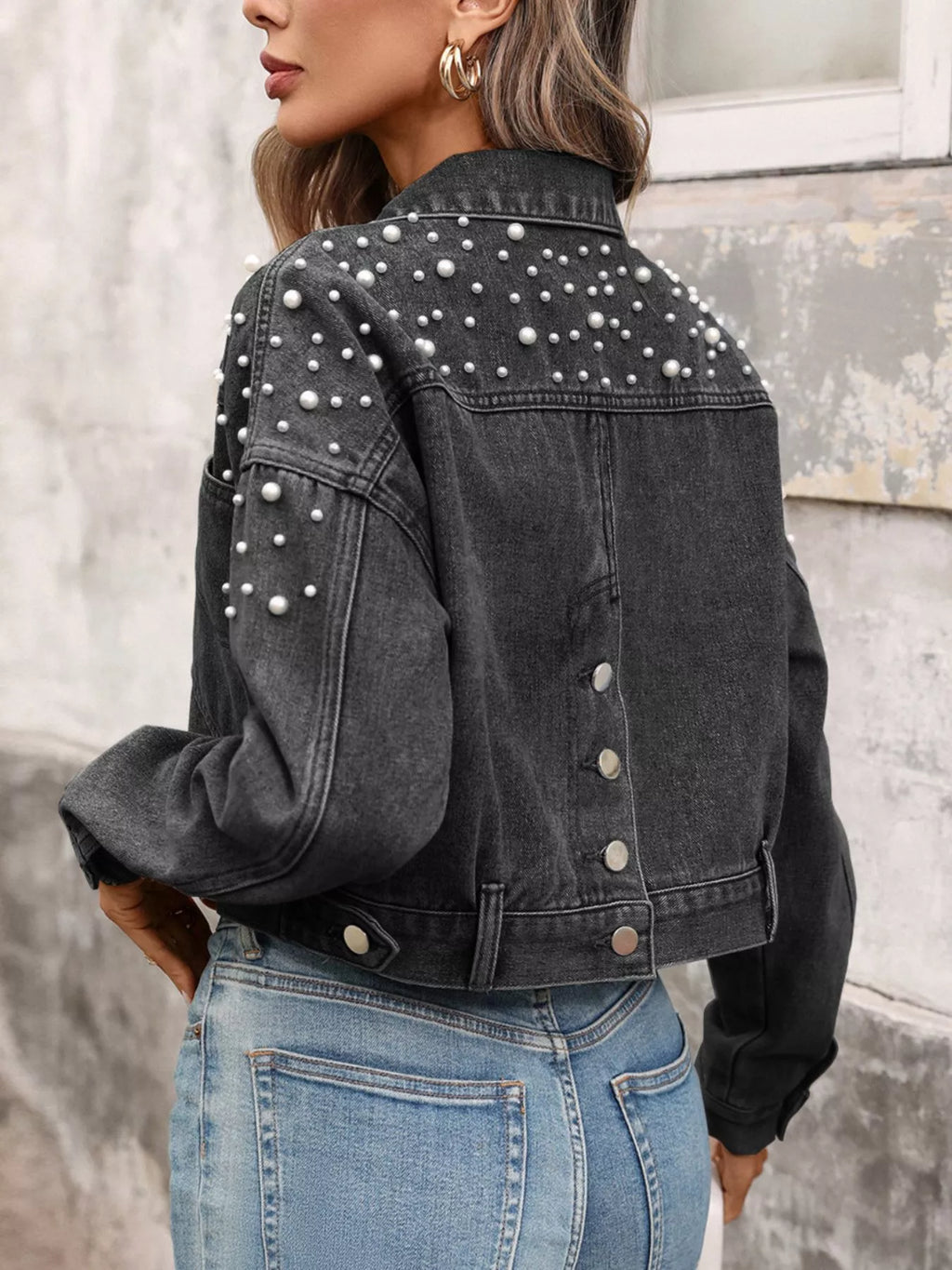 Pearl Embellished Cropped Denim Jacket - Girly Tea