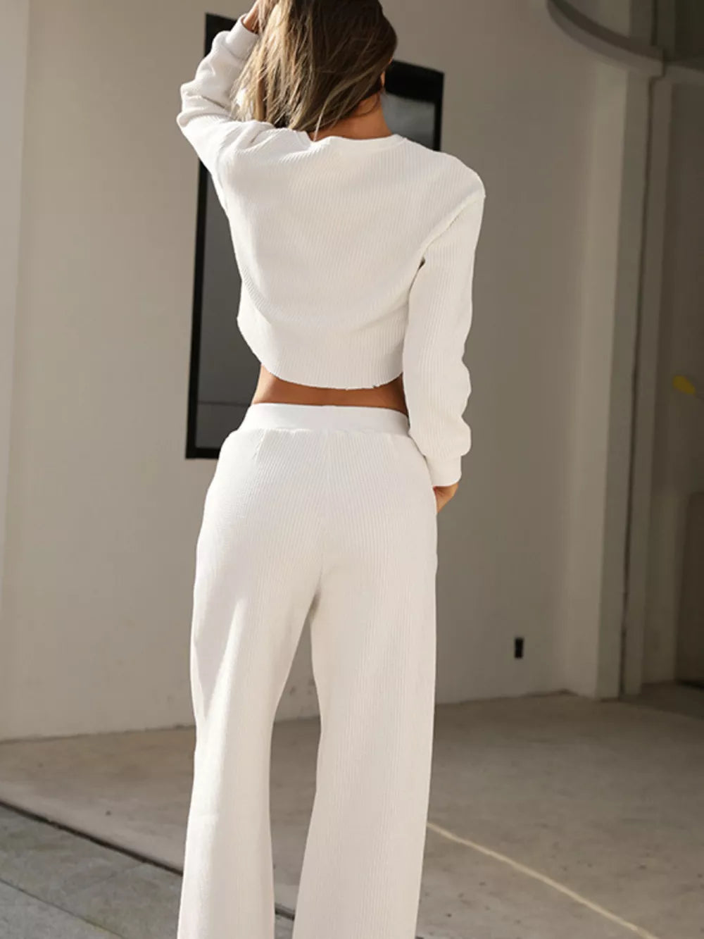 Waffle-Knit Round Neck Top and Pants Set - Girly Tea